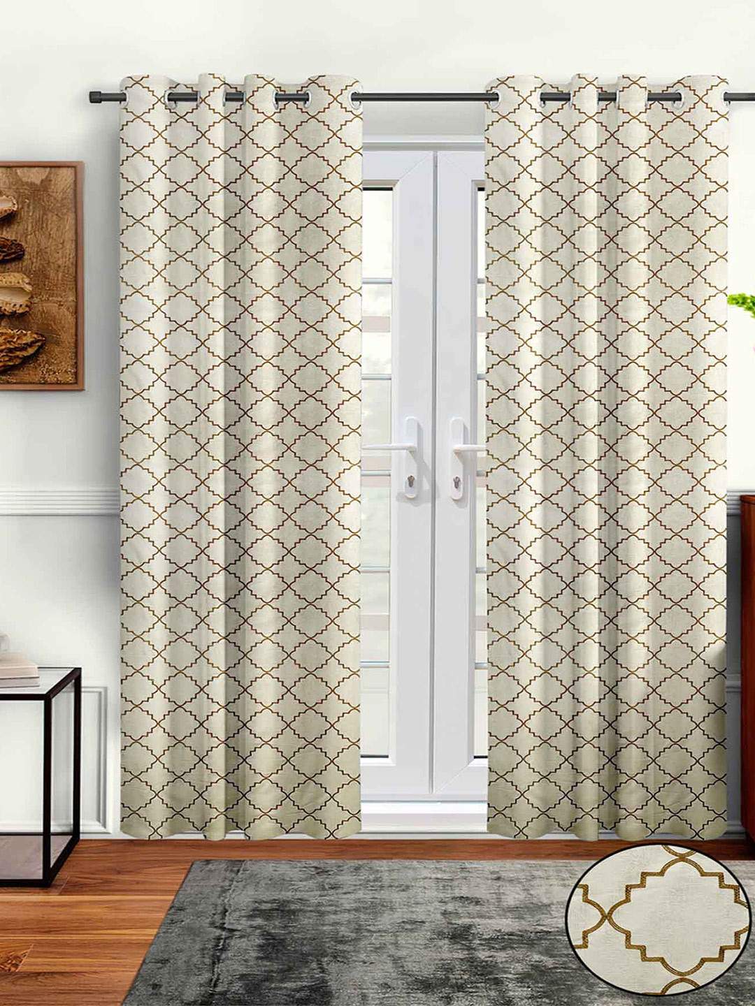 

Aura Cream& Brown 2Pcs Embroidered Regular Long Door Curtain