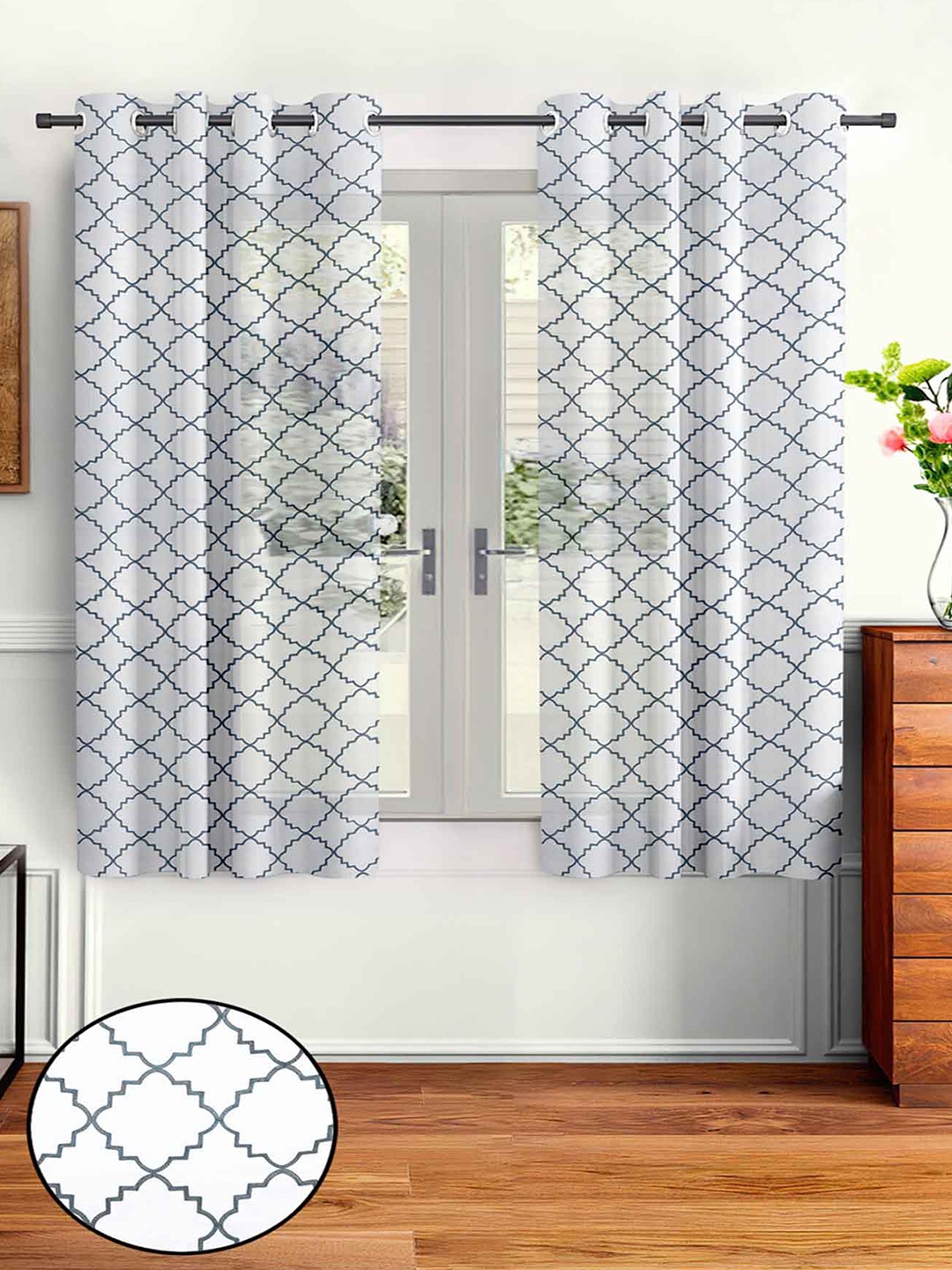 

Aura White & Blue 2 Pieces Geometric Printed Sheer Window Curtain