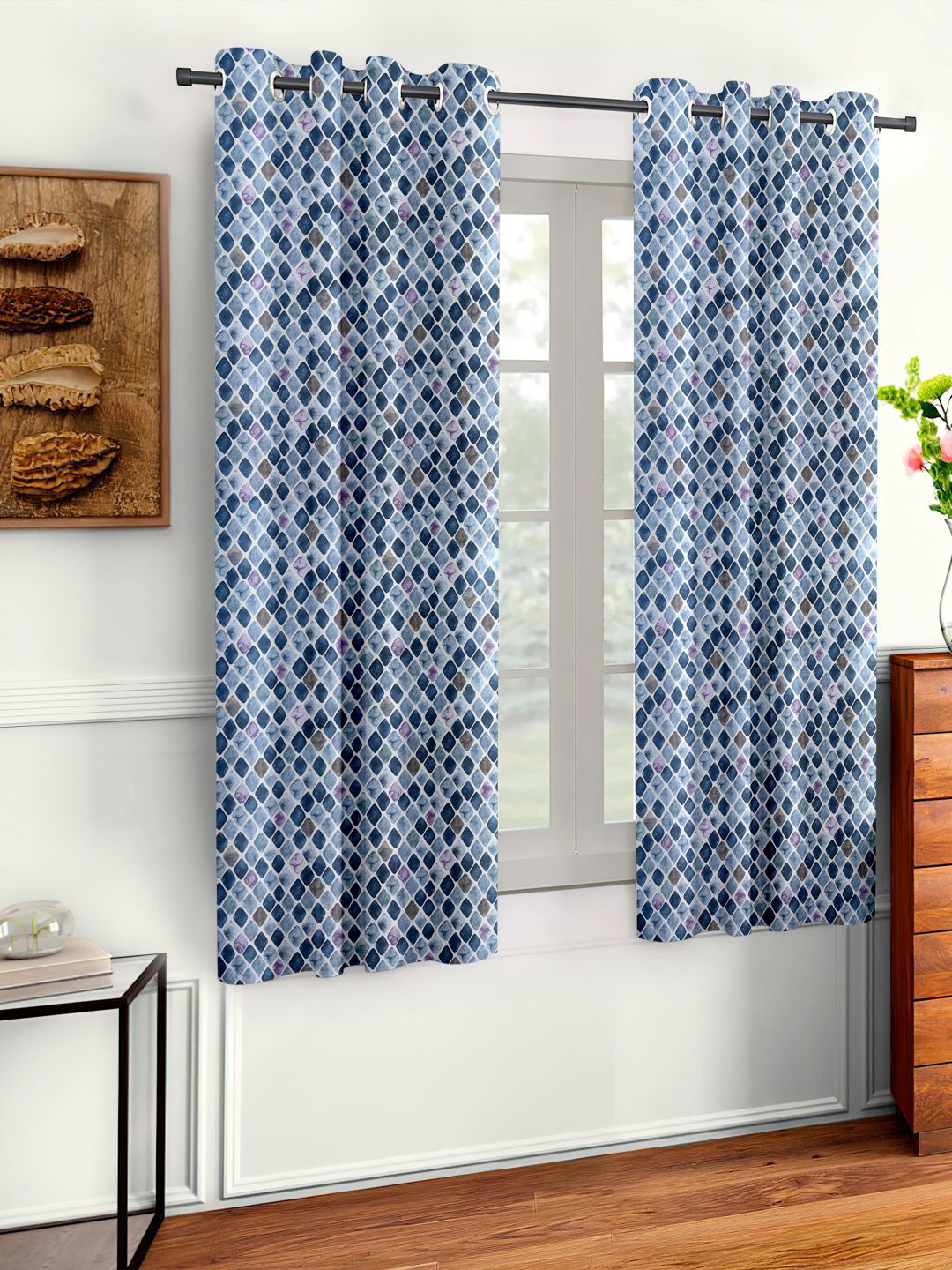 

Aura Navy Blue & White 2 Pieces Geometric Printed Window Curtain