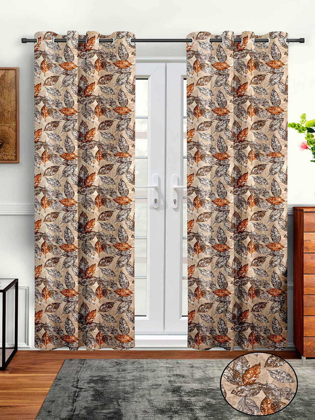 

Aura Beige & Grey 2 Pieces Floral Printed Long Door Curtain