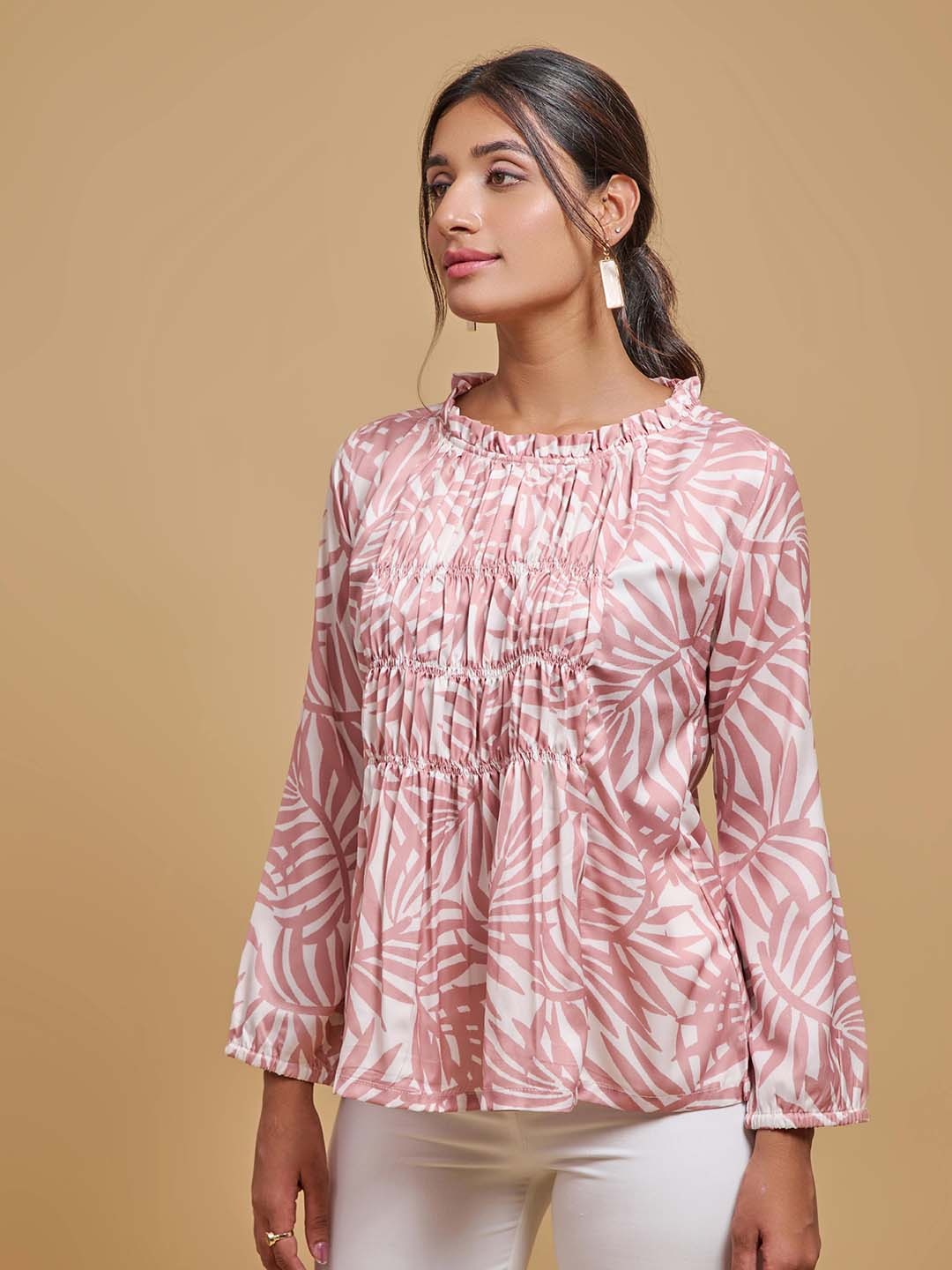 

Mimakiya Print Mandarin Collar Satin Top, Pink