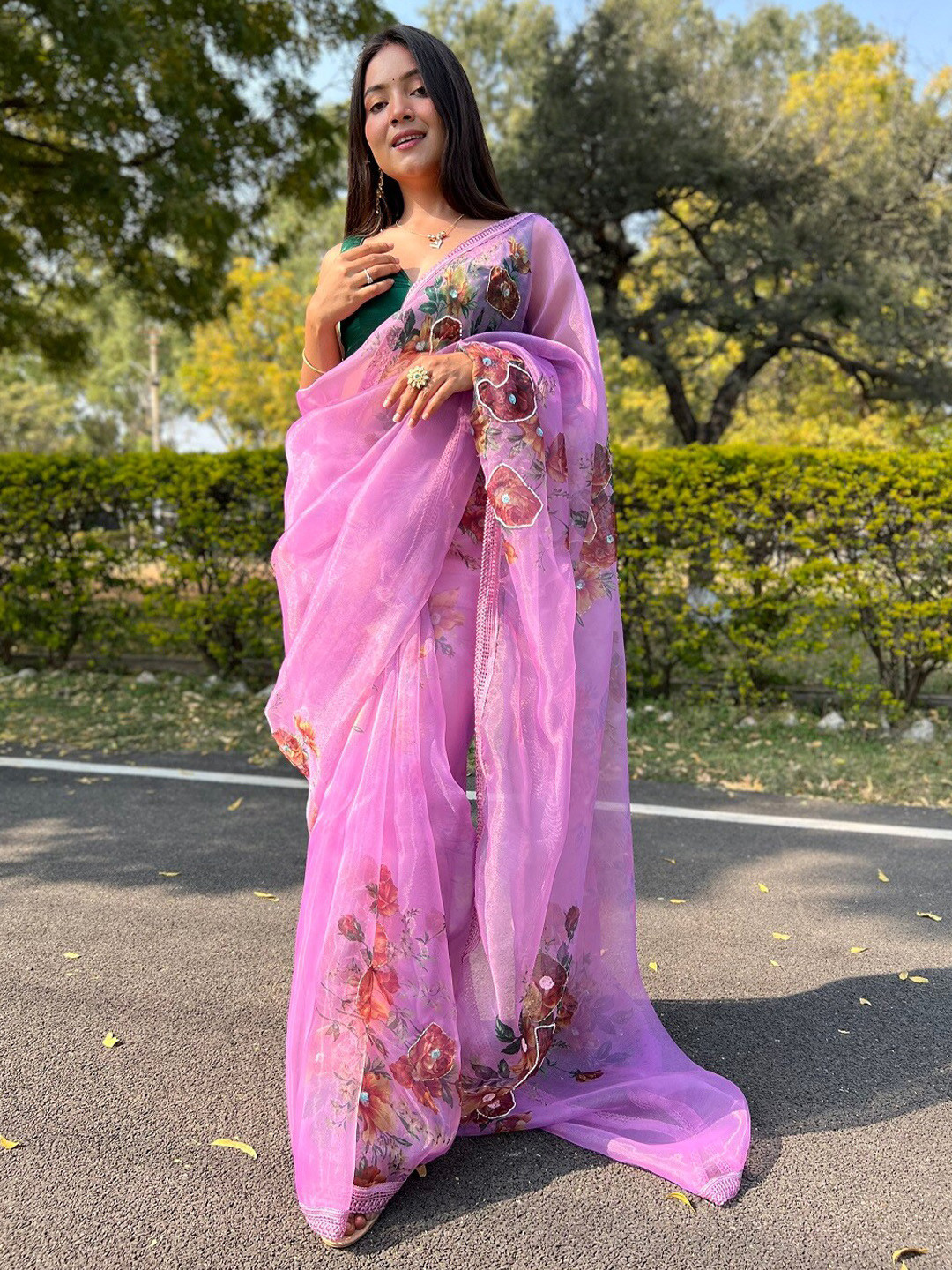 

Mitera Pink & Green Floral Printed Embroidered Organza Saree