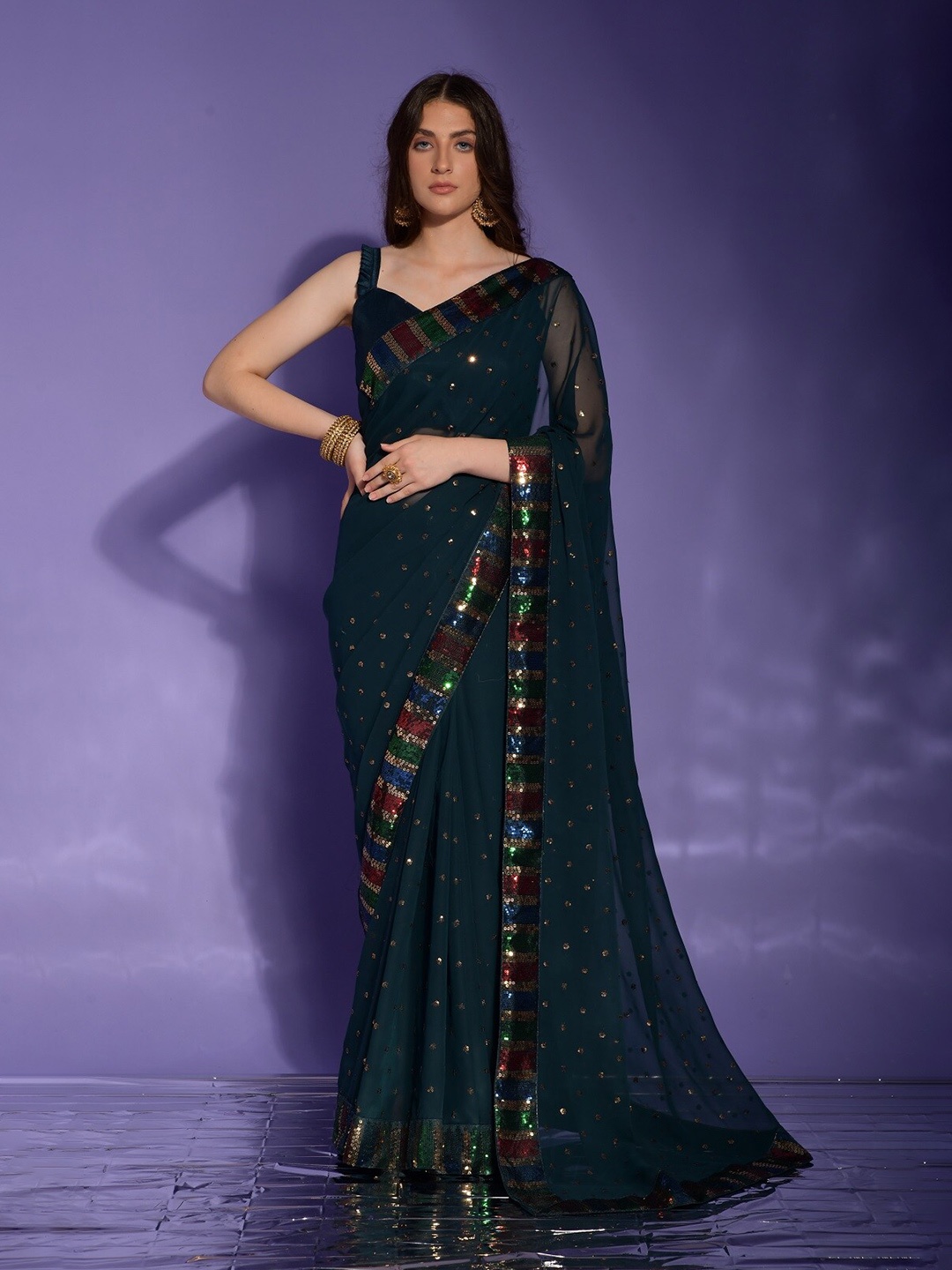 

Mitera Black & Red Embellished Sequinned Pure Georgette Saree
