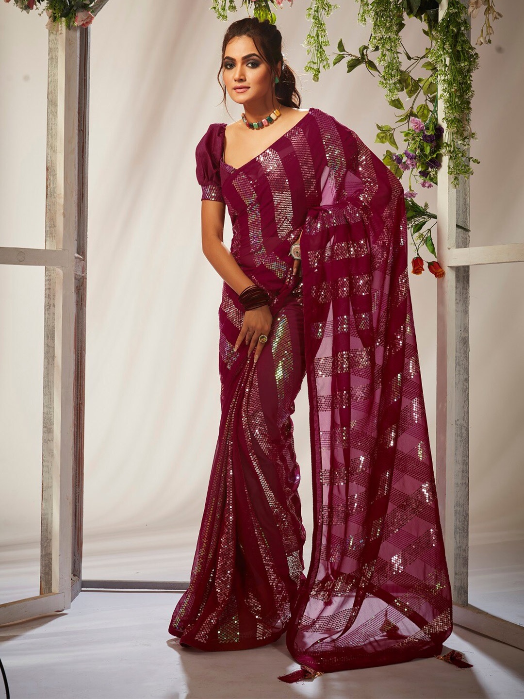 

Mitera Maroon & Gold-Toned Embellished Sequinned Pure Georgette Saree