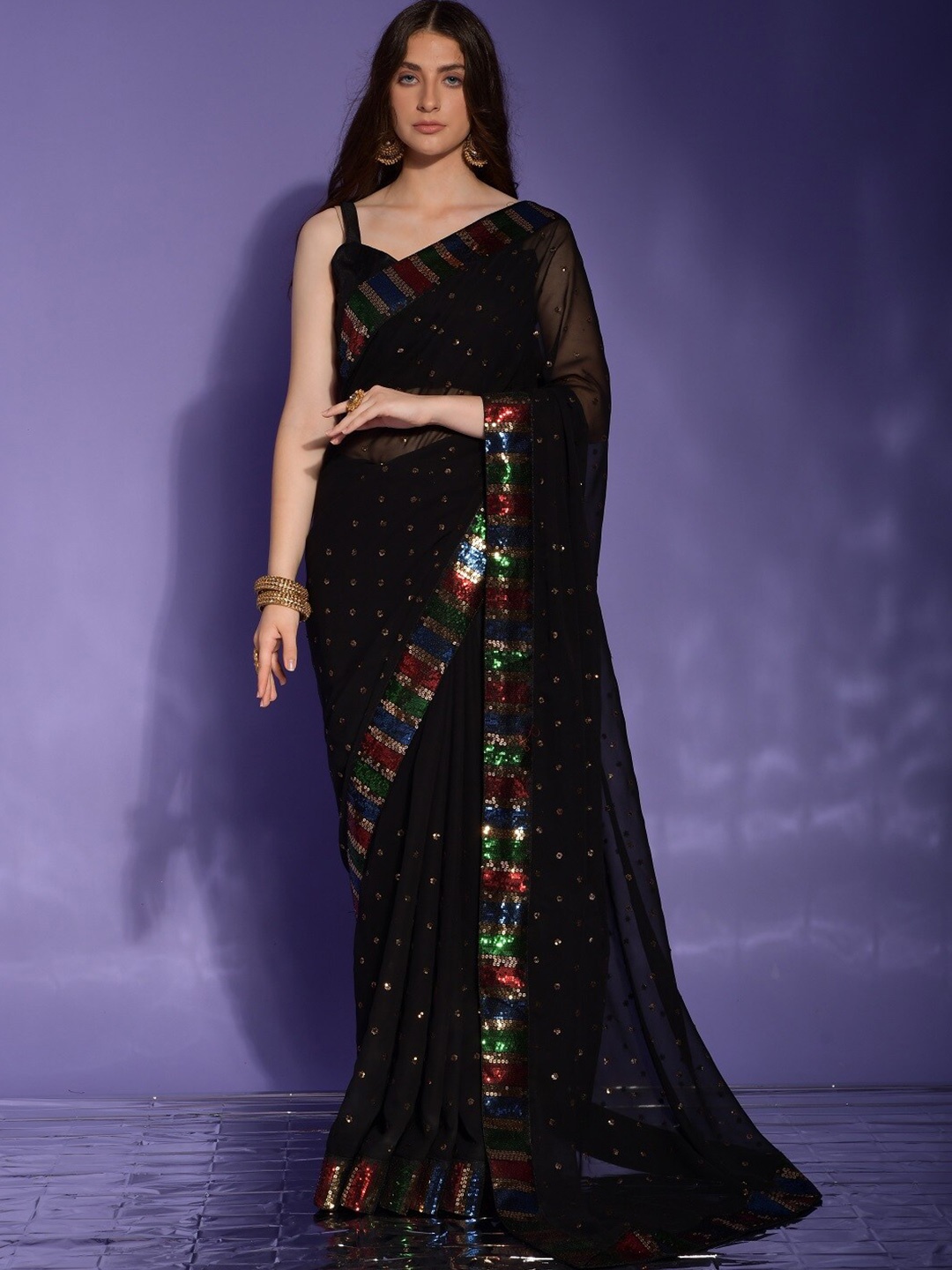 

Mitera Black & Red Embellished Sequinned Pure Georgette Saree