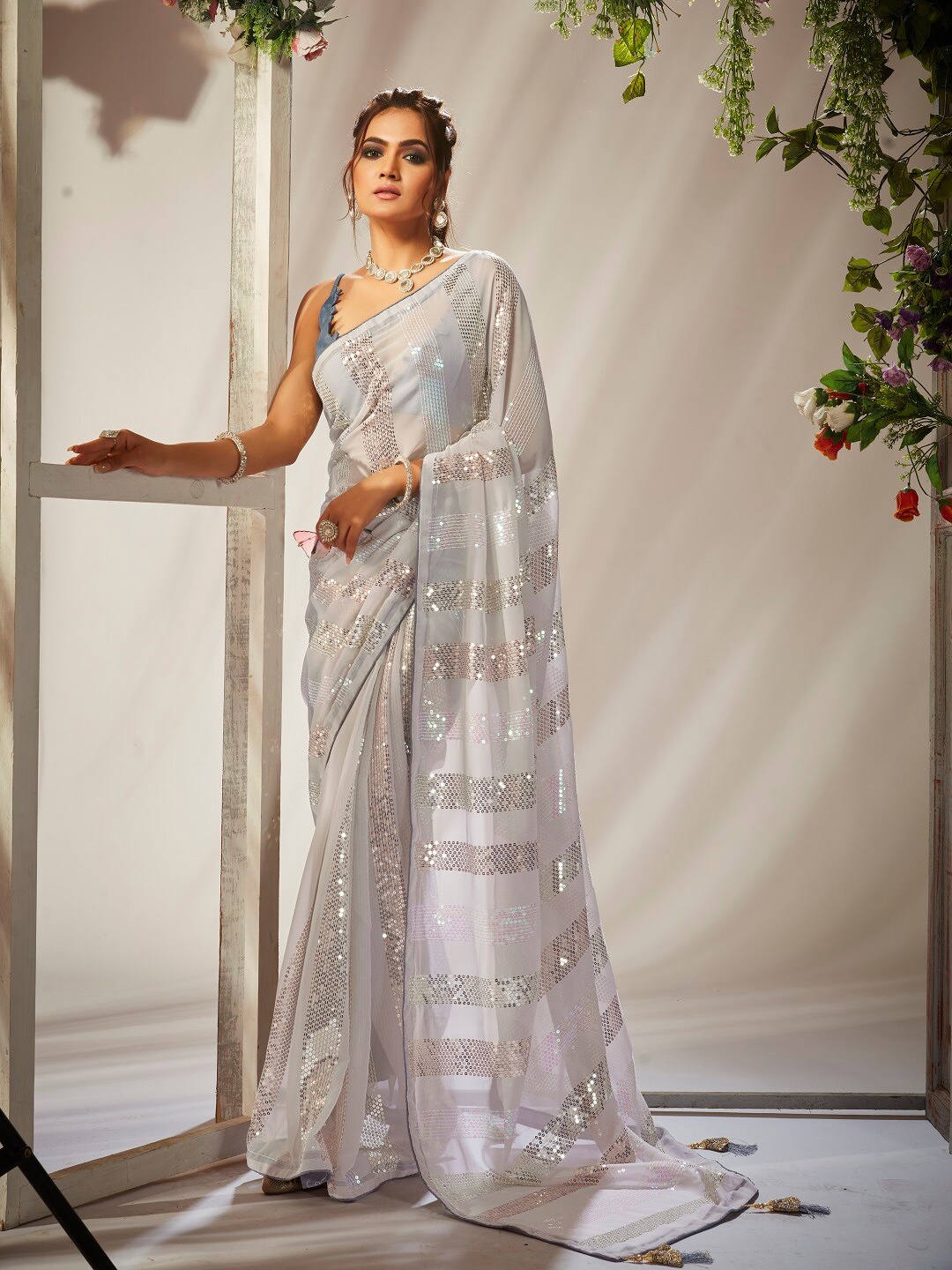 

Mitera White Embellished Sequinned Pure Georgette Saree