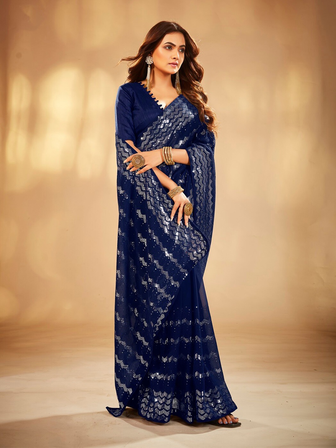 

Mitera Embellished Sequinned Pure Georgette Saree, Navy blue