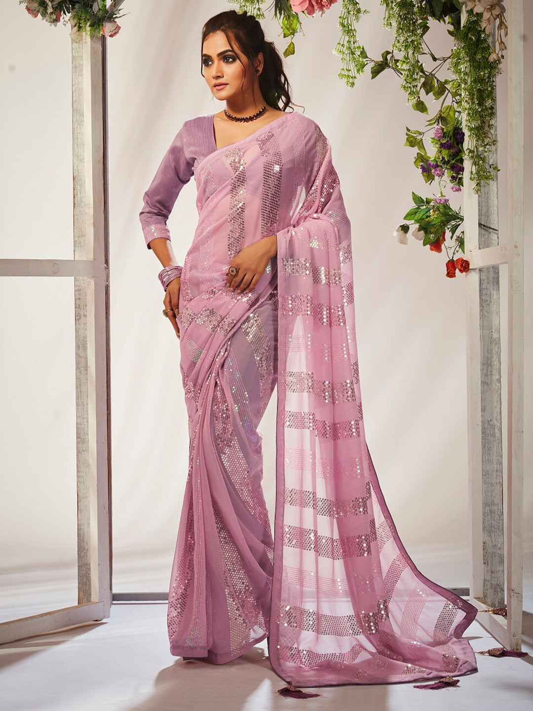 

Mitera Pink Striped Embellished Sequinned Pure Georgette Saree