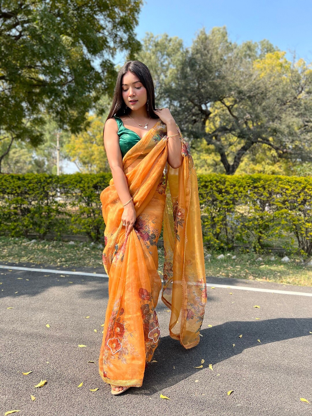 

Mitera Mustard & Green Floral Embroidered Organza Saree