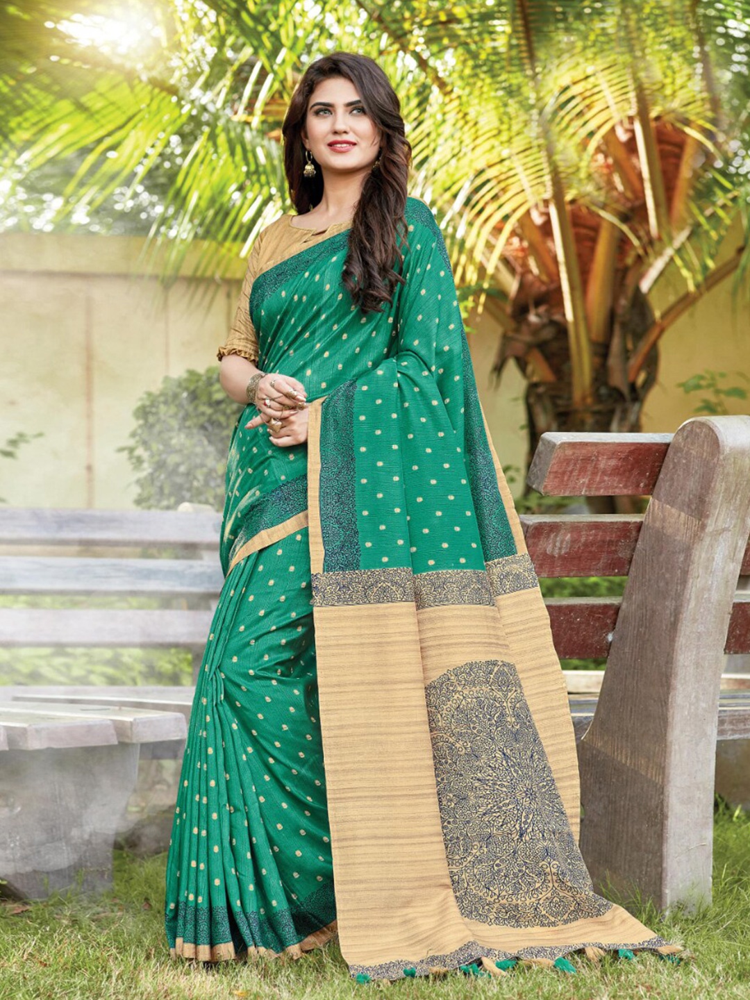 

Mitera Polka Dot Pure Silk Saree with Tassels, Teal