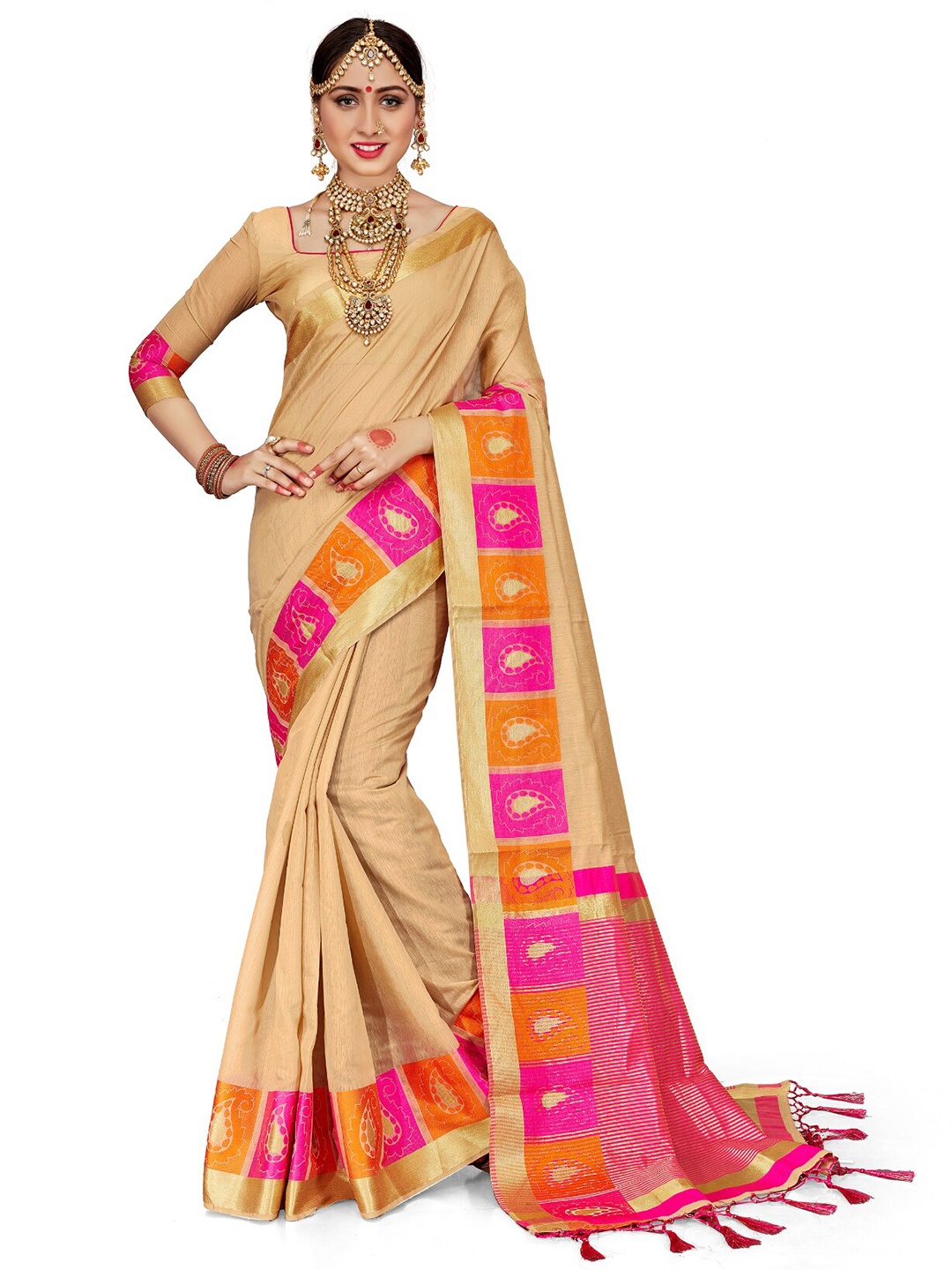 

Mitera Beige & Pink Woven Design Zari Pure Cotton Saree