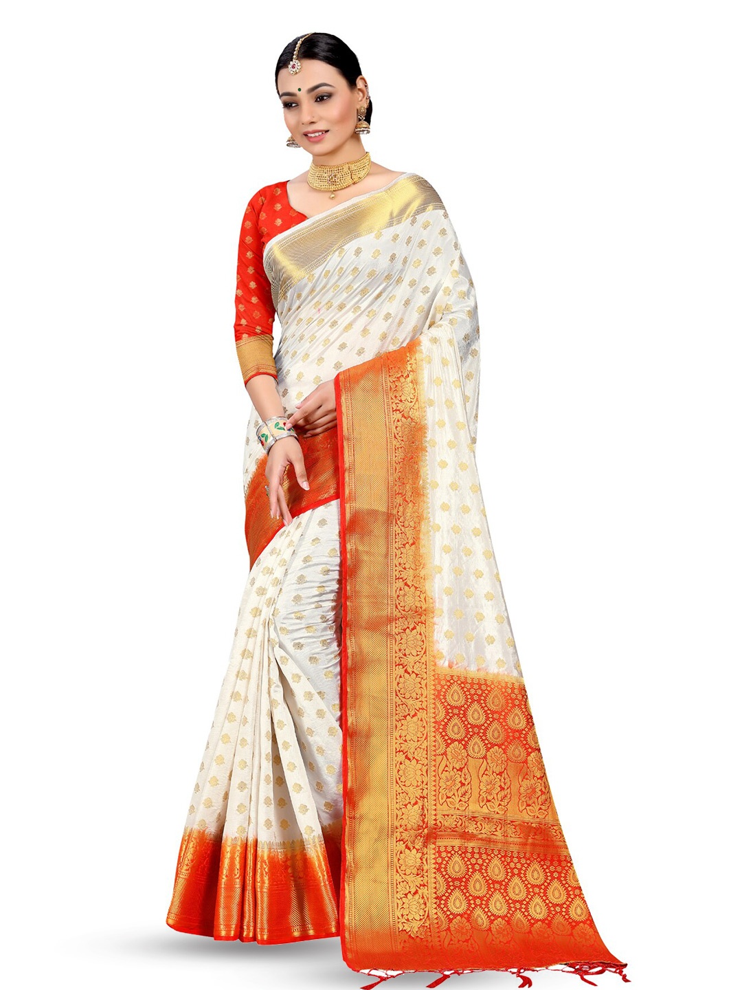 

Mitera Off White & Red Ethnic Motifs Woven Design Zari Pure Silk Saree