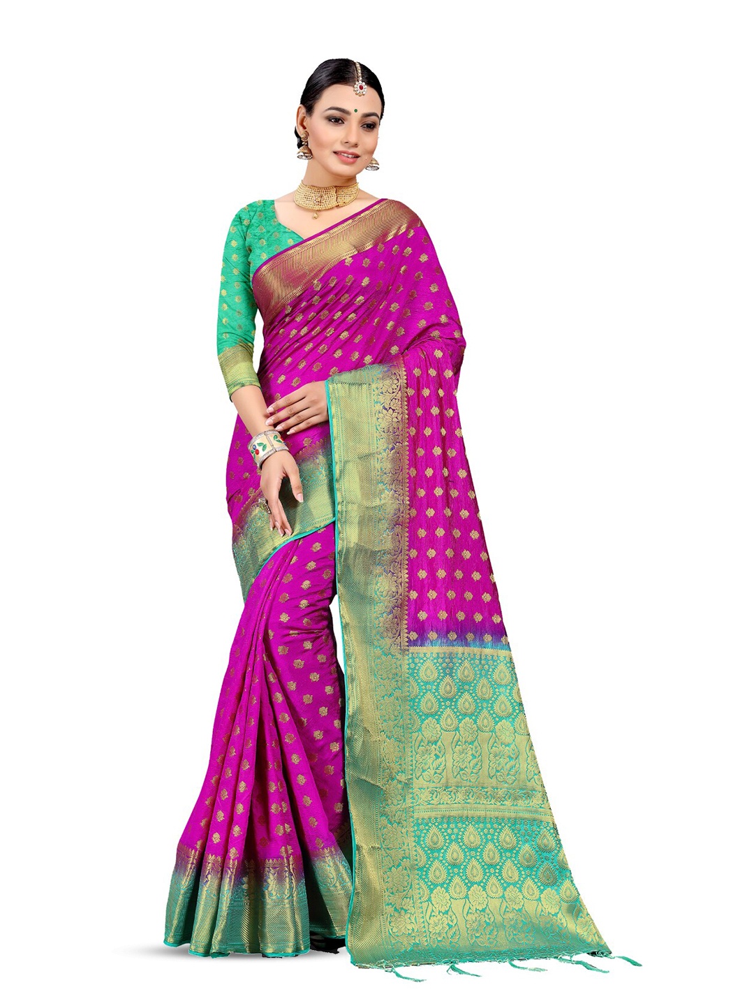 

Mitera Magenta & Green Ethnic Motifs Woven Design Zari Pure Silk Saree