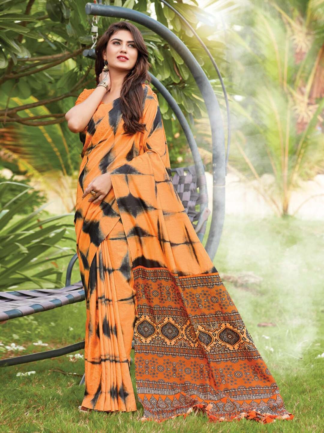 

Mitera Orange & Black Tie and Dye Pure Silk Saree