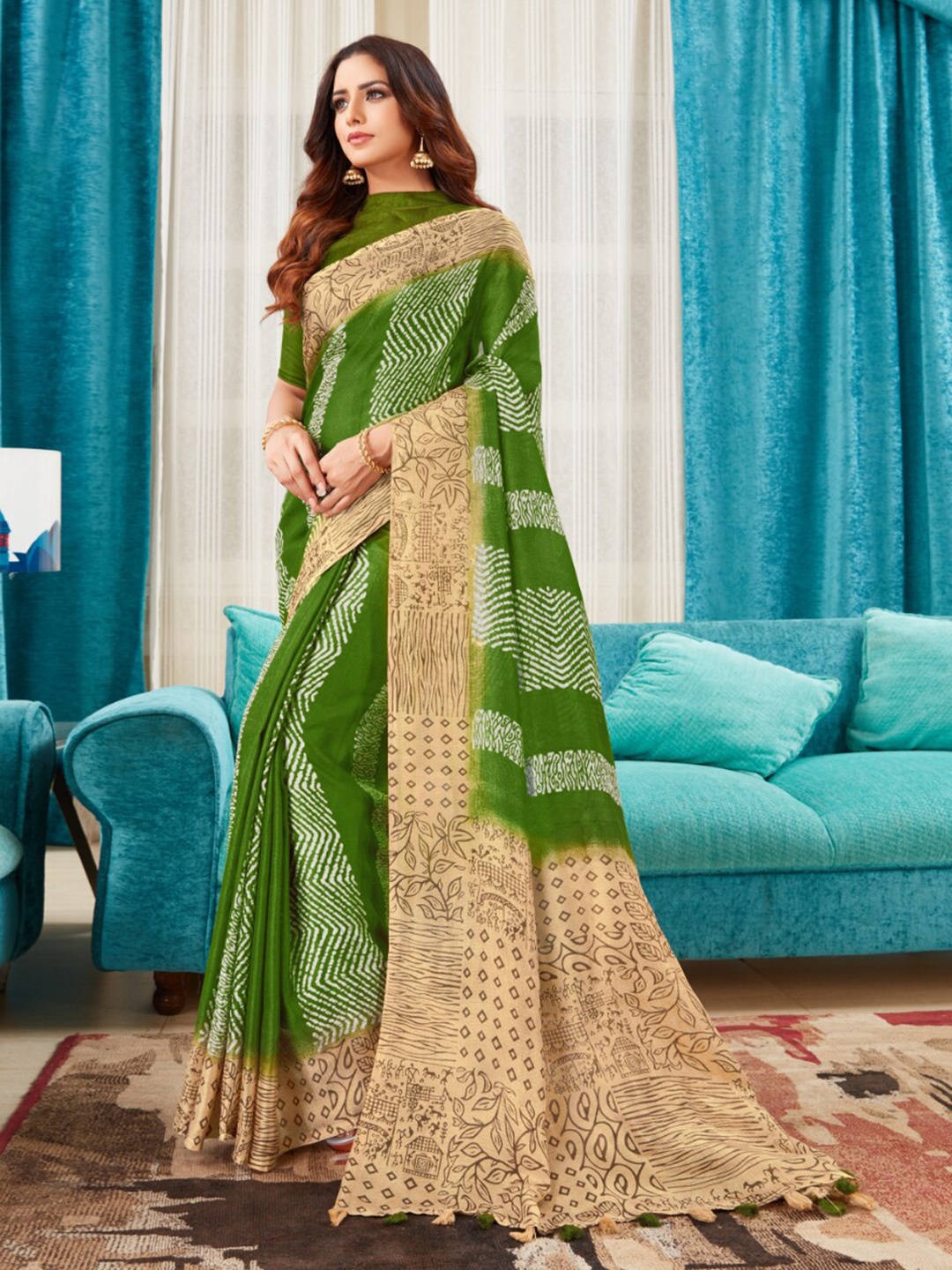 

Mitera Pure Cotton Saree with Tassels, Green