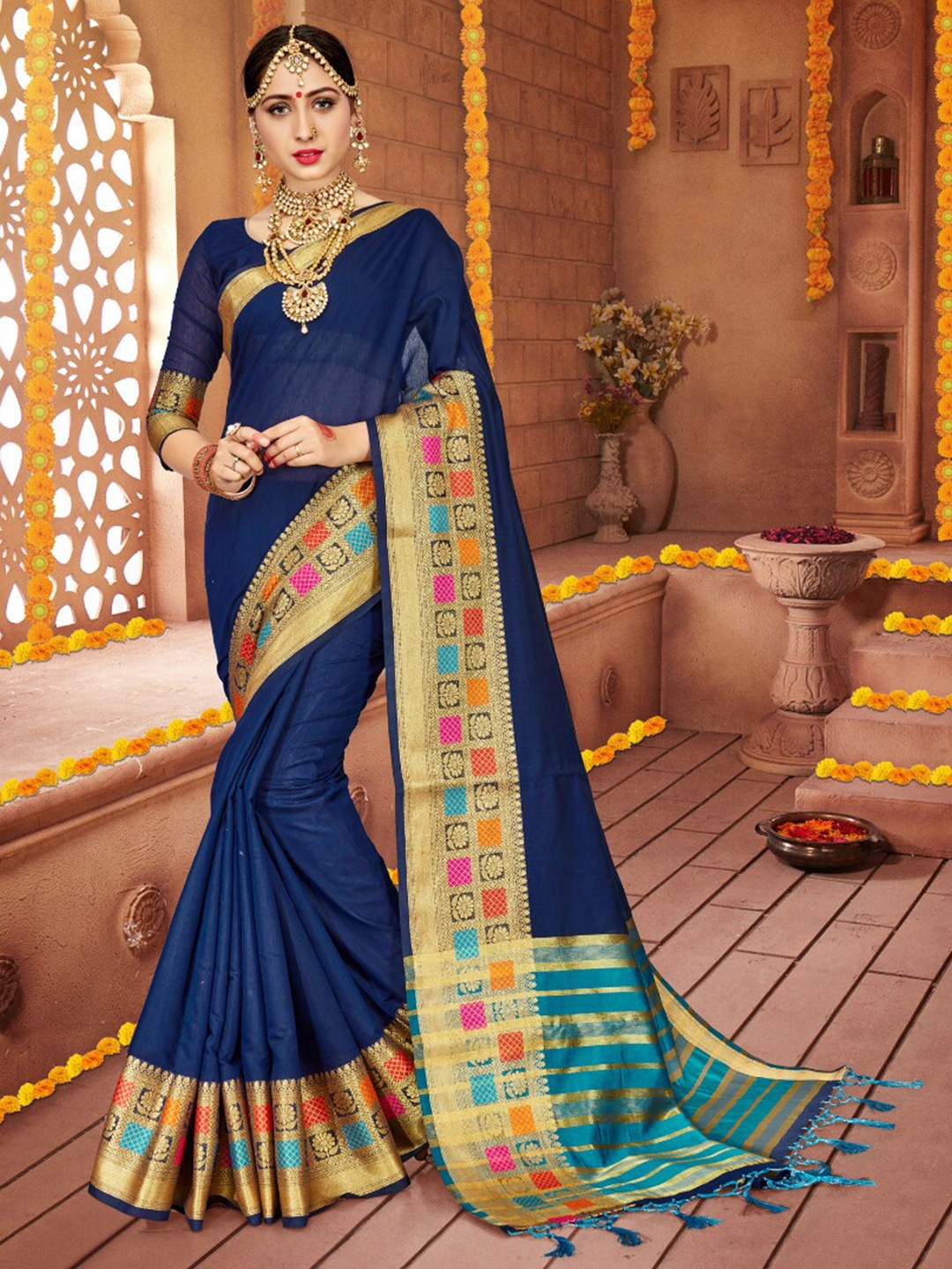 

Mitera Zari Pure Cotton Saree, Navy blue