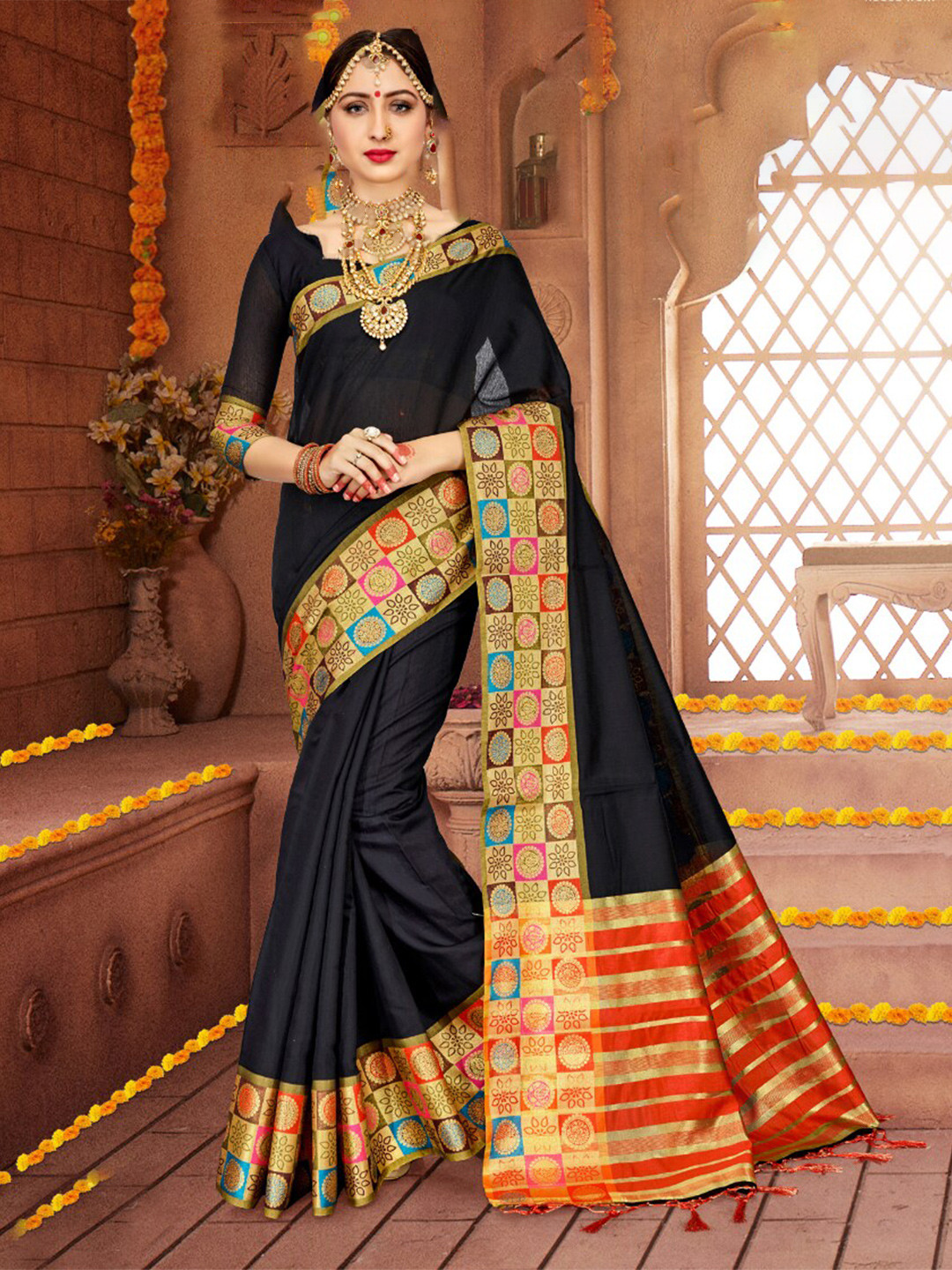 

Mitera Black & Orange Zari Pure Cotton Saree