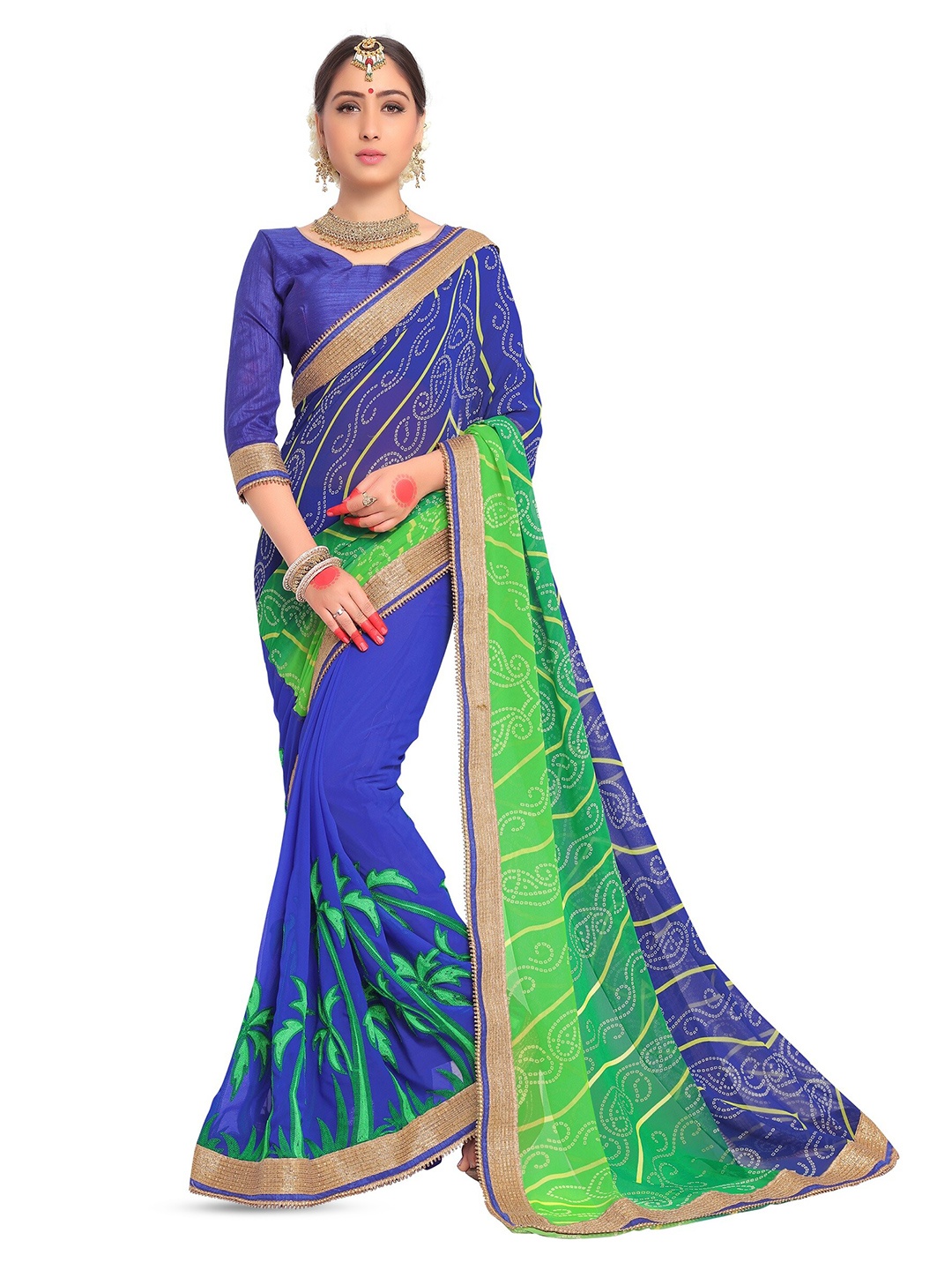 

Mitera Blue & Green Bandhani Printed Embroidered Saree