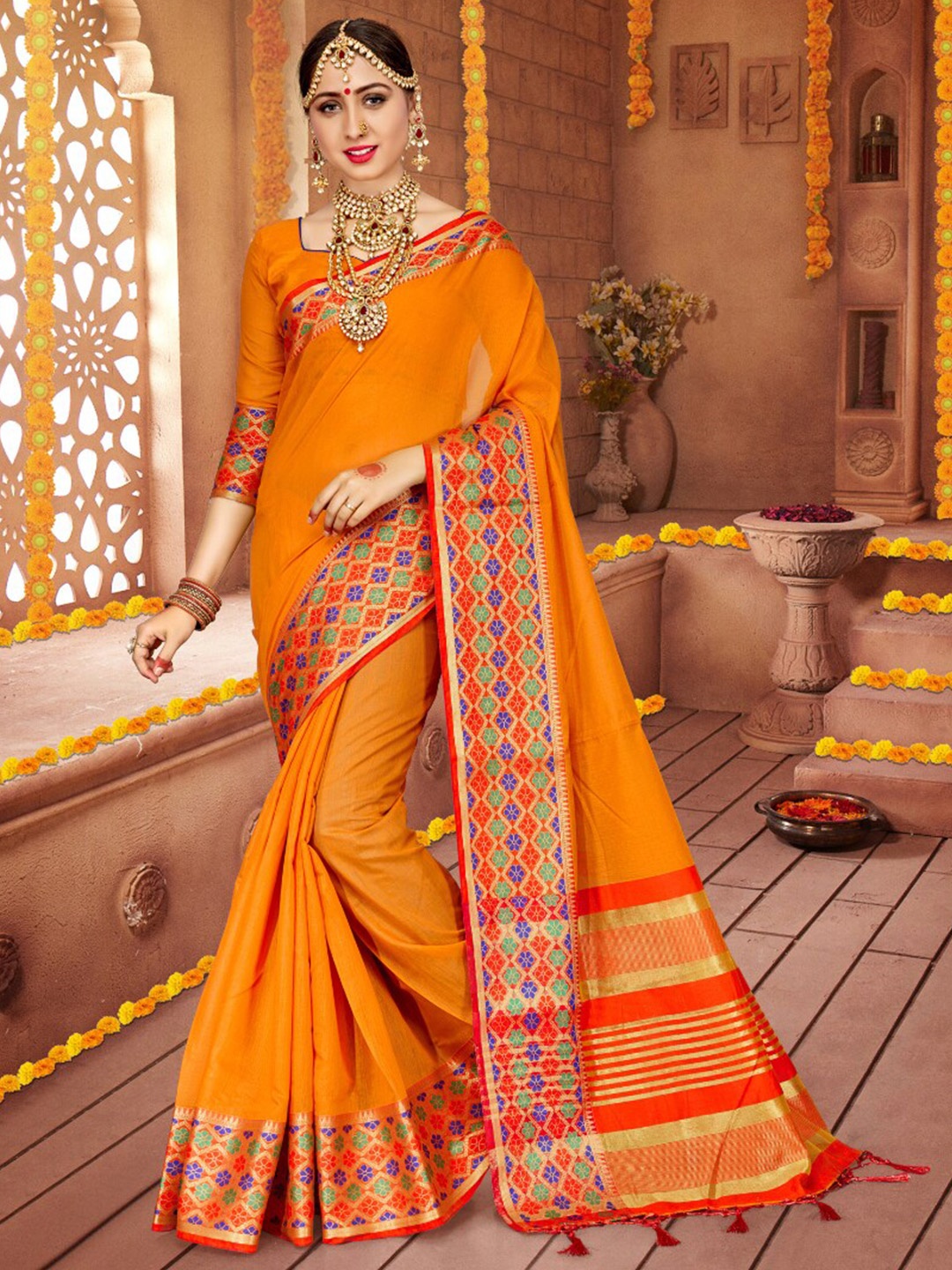 

Mitera Mustard & Blue Geometric Woven Design Zari Pure Cotton Saree