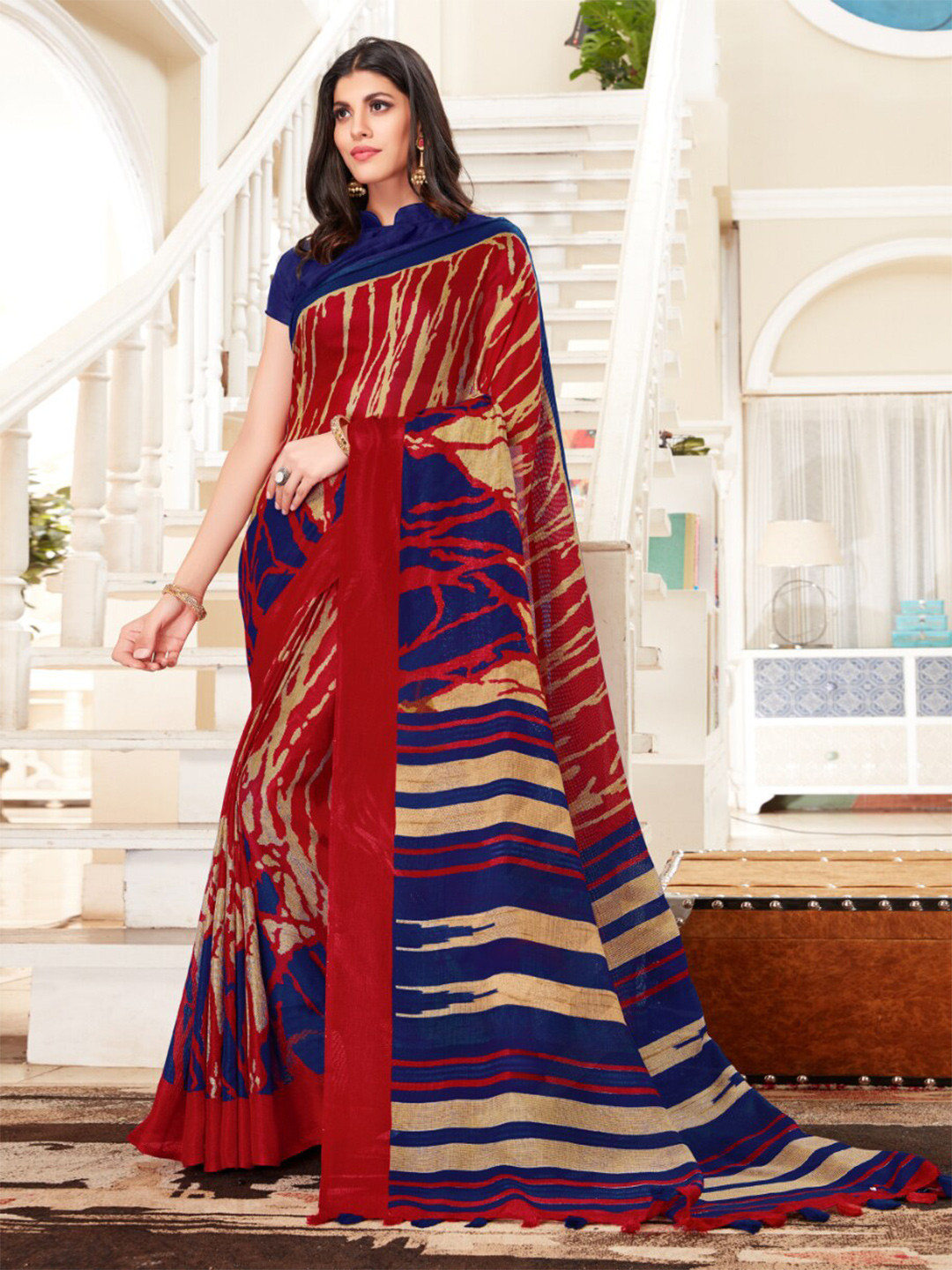 

Mitera Red & Blue Abstract Printed Pure Cotton Saree