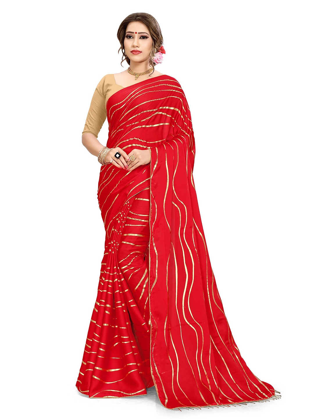 

Mitera Zari Striped Saree, Red