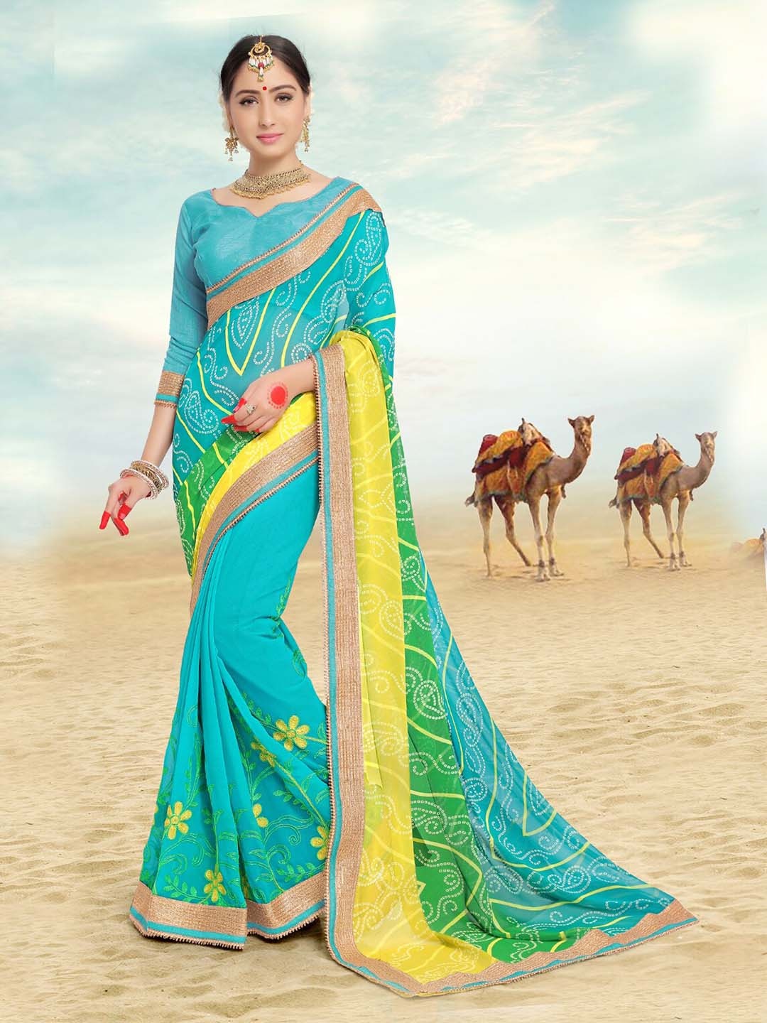 

Mitera Bandhani Embroidered Saree, Teal