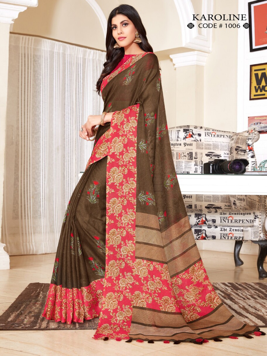 

Mitera Grey & Red Floral Printed Pure Cotton Saree