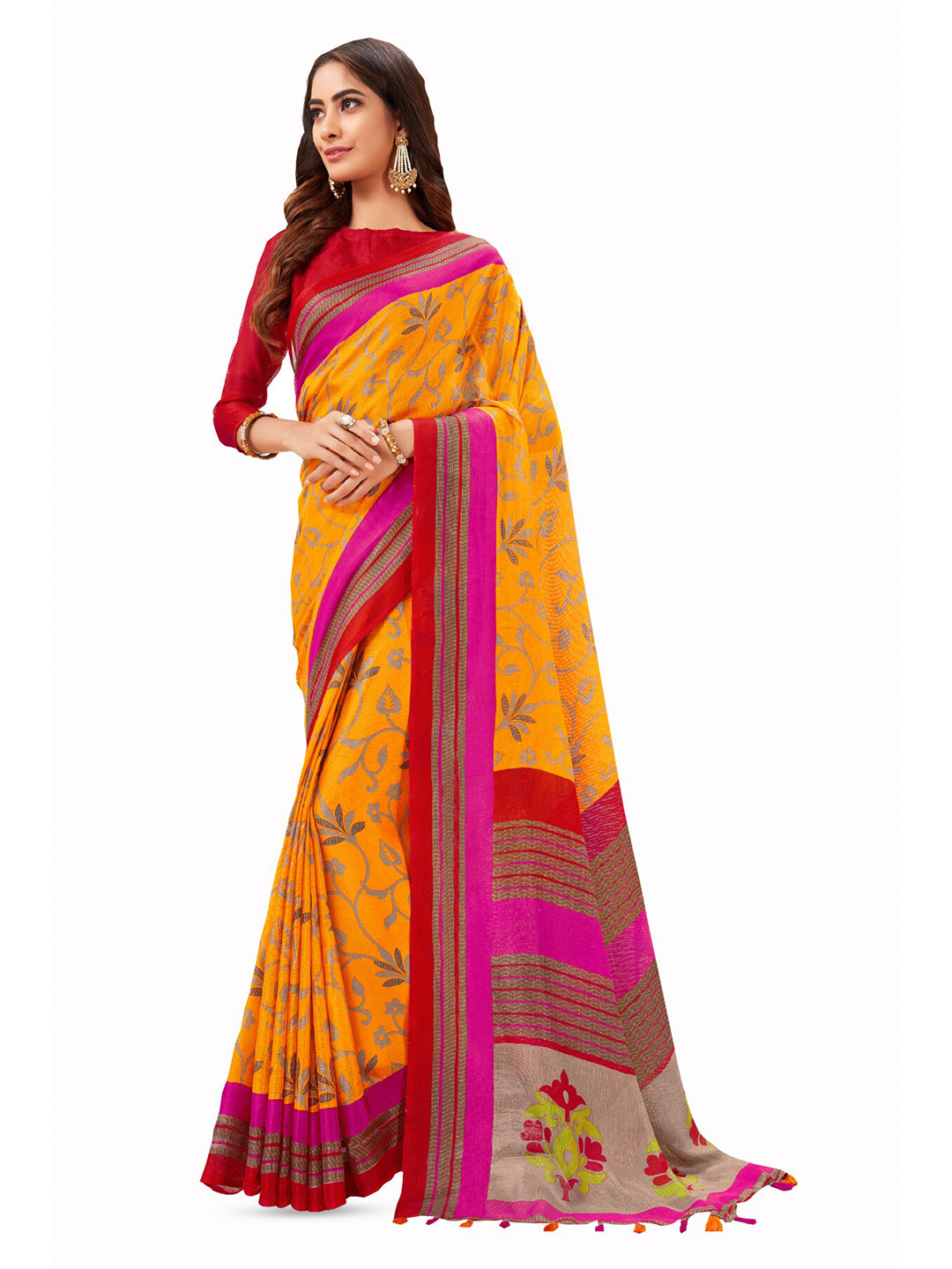 

Mitera Orange & Pink Floral Printed Pure Cotton Saree