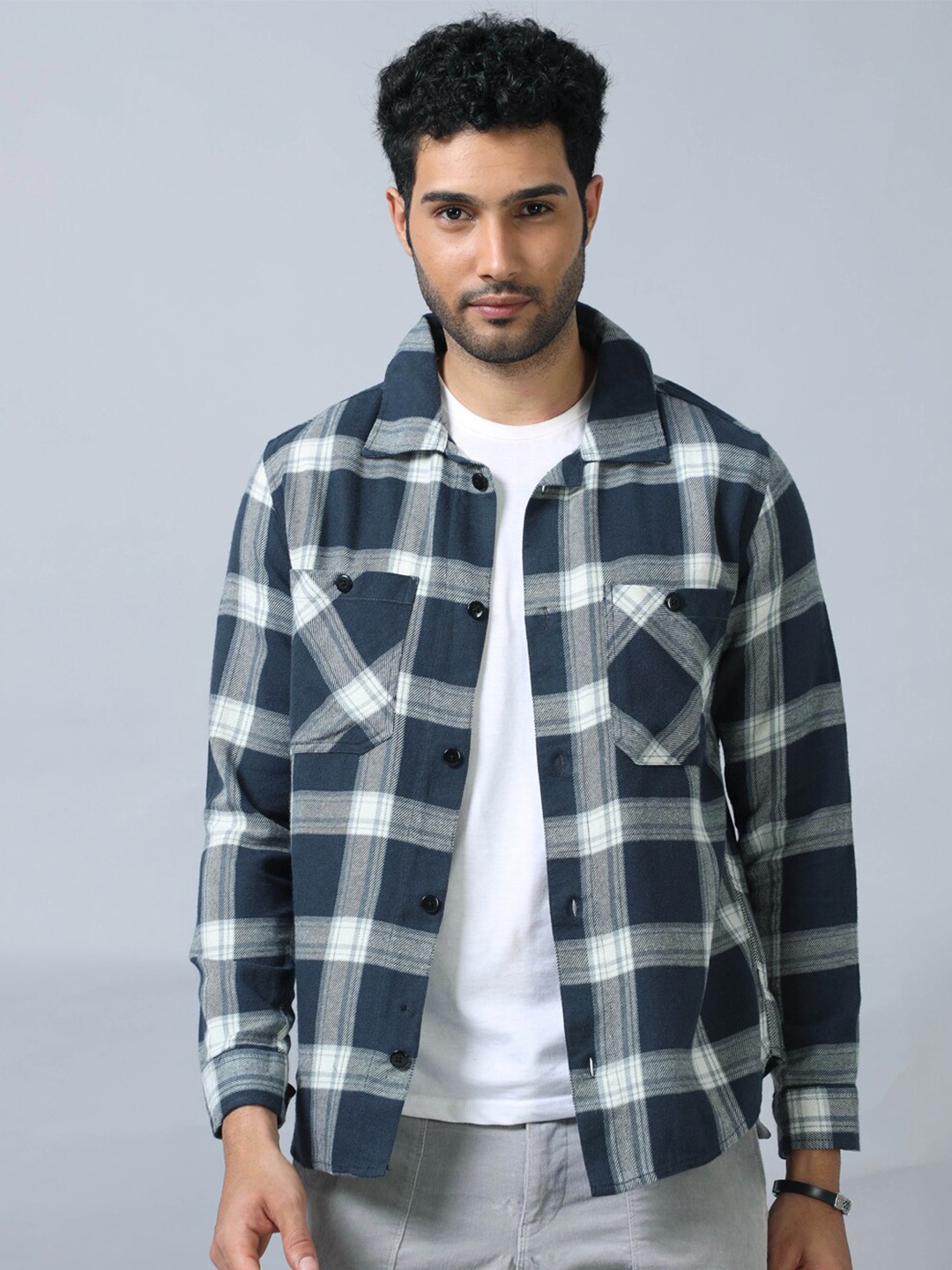 

Bushirt Comfort Checked Pure Cotton Flannel Casual Shacket, Navy blue