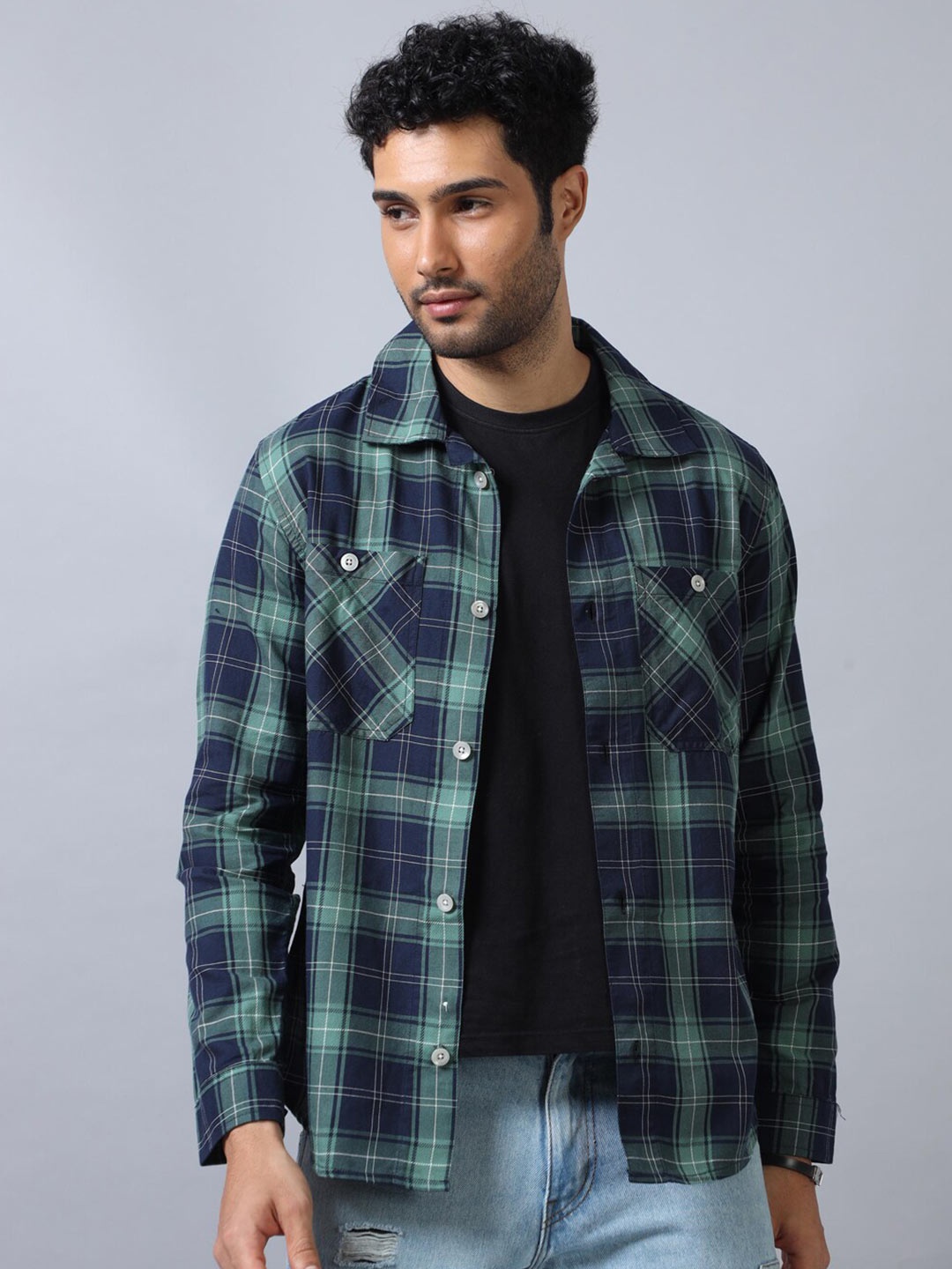 

Bushirt Comfort Tartan Checks Opaque Cotton Casual Shackets, Green