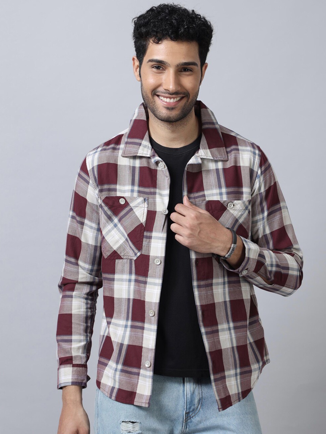 

Bushirt Comfort Tartan Checks Opaque Cotton Casual Shackets, Maroon