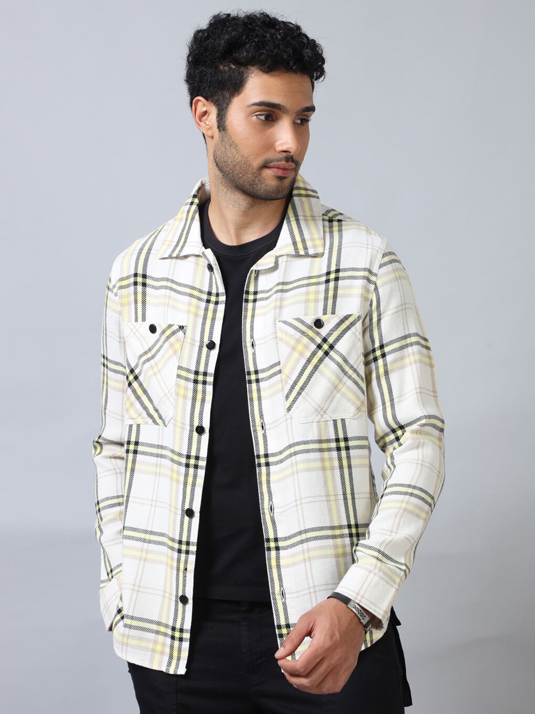 

Bushirt Spread Collar Long Sleeves Comfort Tartan Checks Opaque Casual Shirt, Cream