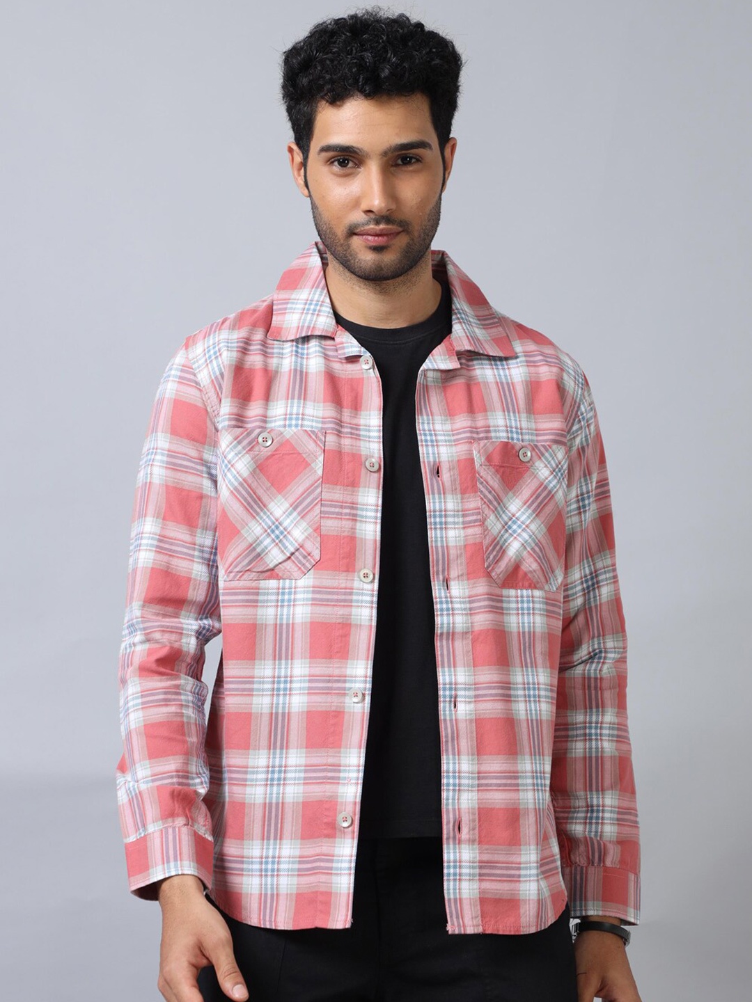 

Bushirt Spread Collar Long Sleeves Comfort Tartan Checks Opaque Checked Party Shirt, Pink