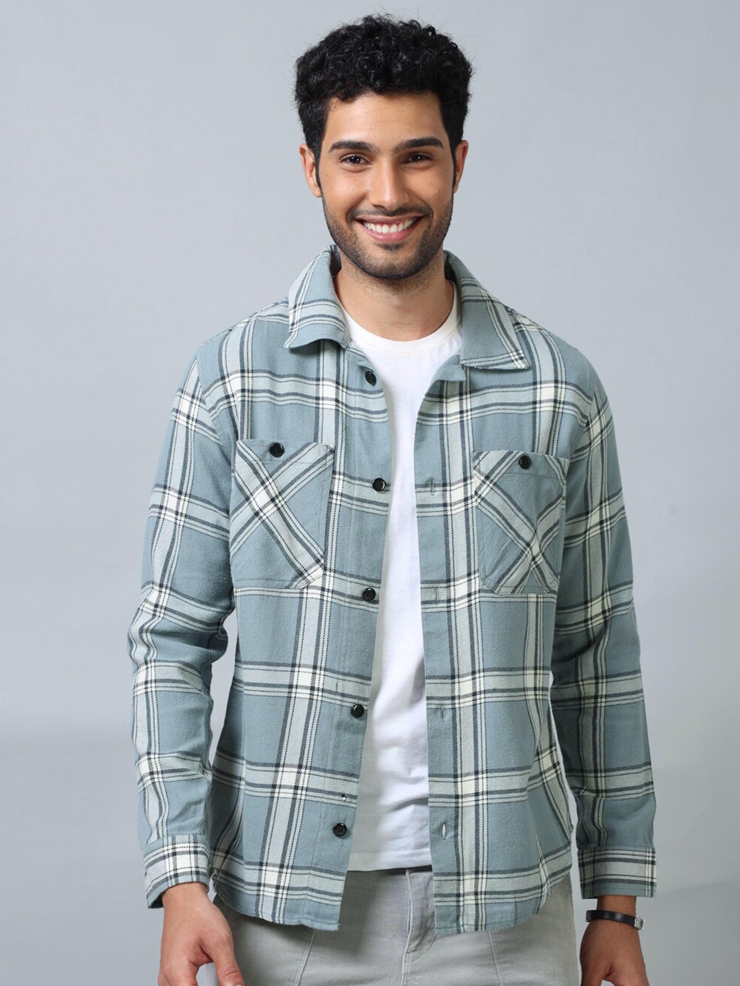 

Bushirt Spread Collar Long Sleeves Comfort Tartan Checks Opaque Shirt, Blue