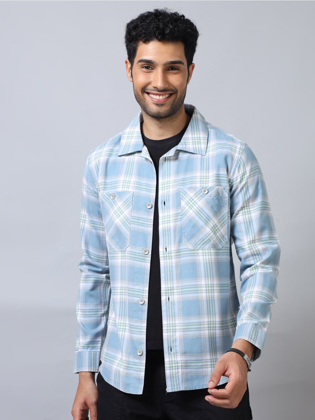 

Bushirt Cotton Checked Casual Shirt Shackets, Blue