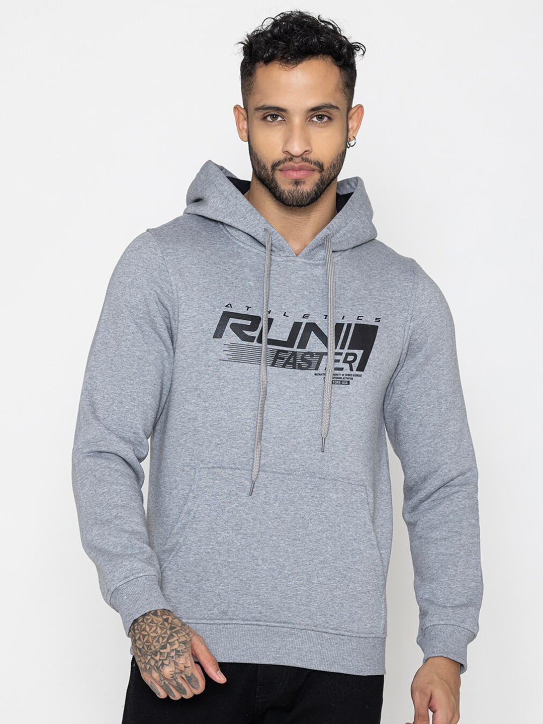 

Bonjour Typography Printed Long Sleeves Hooded Cotton Sweatshirt, Grey melange