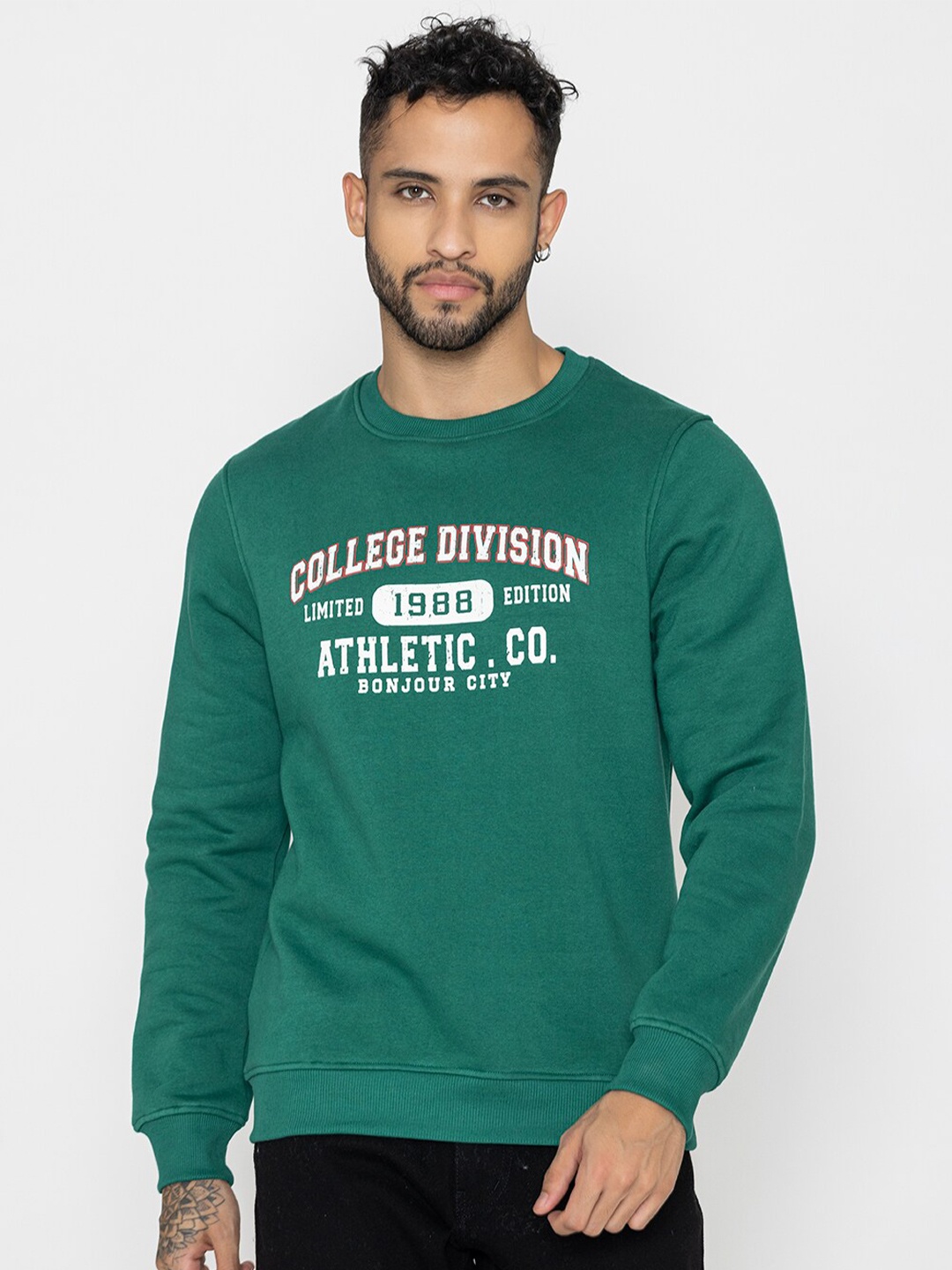 

Bonjour Typography Printed Terry Cotton Pullover, Green