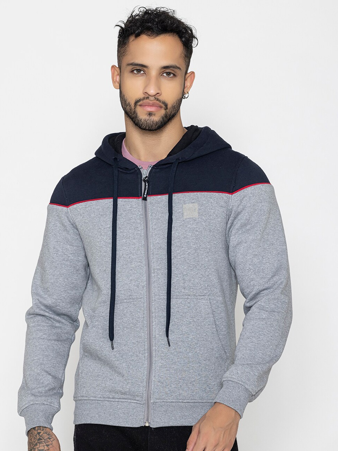 

Bonjour Colourblocked Hooded Terry Cotton Front Open Sweatshirt, Grey