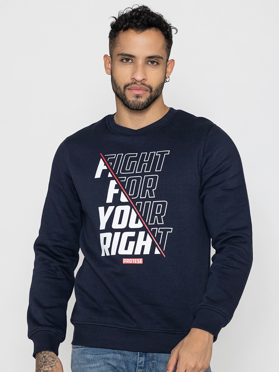 

Bonjour Typography Printed Long Sleeves Cotton Sweatshirt, Navy blue