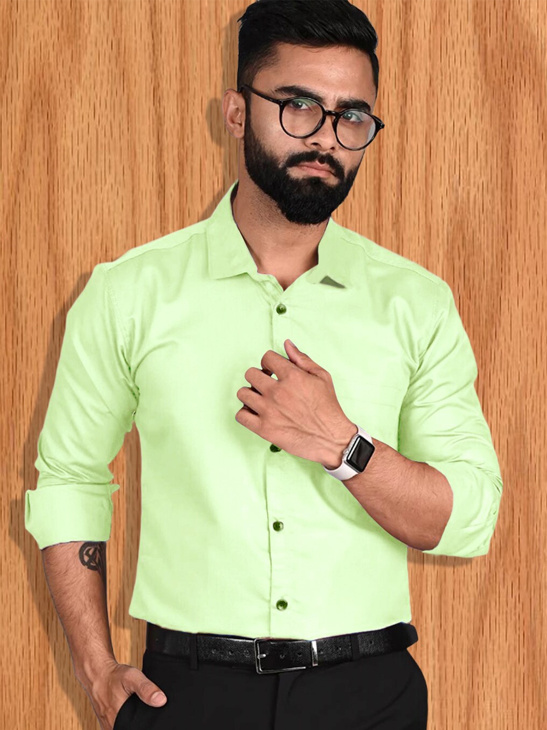 

7Threads Opaque Contrast Collar Long Sleeves Cotton Formal Shirt, Lime green