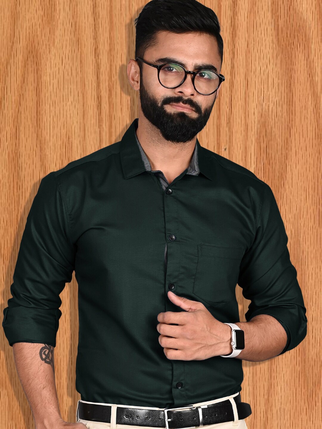 

7Threads Spread Collar Cotton Standard Opaque Formal Shirt, Green