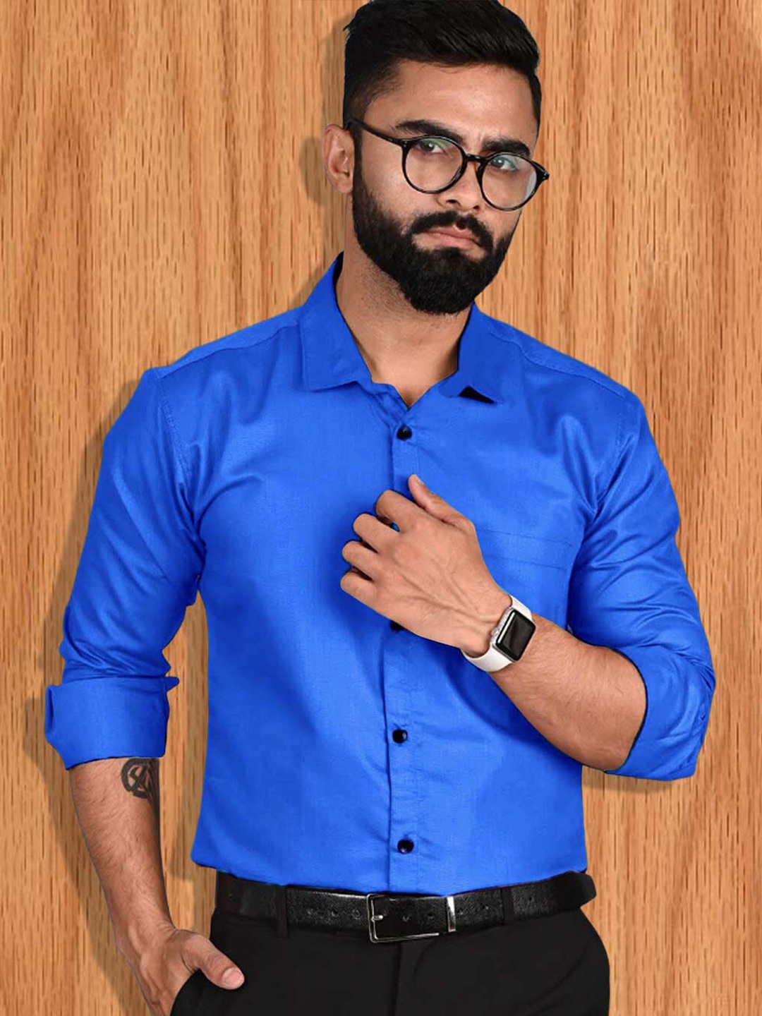 

7Threads Opaque Contrast Collar Long Sleeves Cotton Formal Shirt, Navy blue
