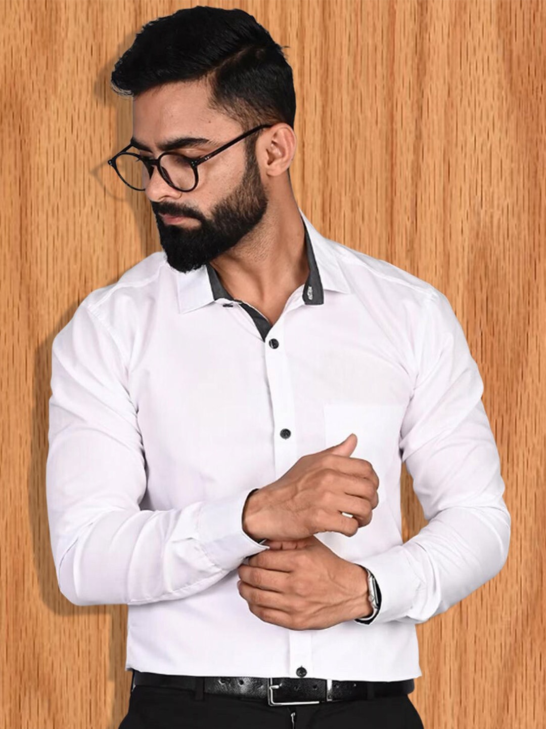 

7Threads Opaque Contrast Collar Long Sleeves Cotton Formal Shirt, White