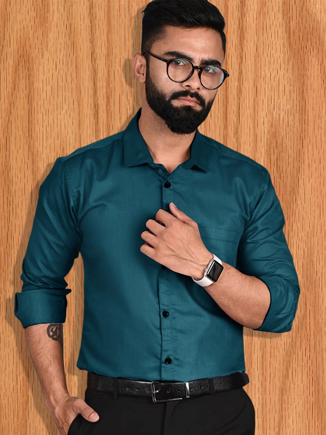

7Threads Opaque Contrast Collar Long Sleeves Cotton Formal Shirt, Teal
