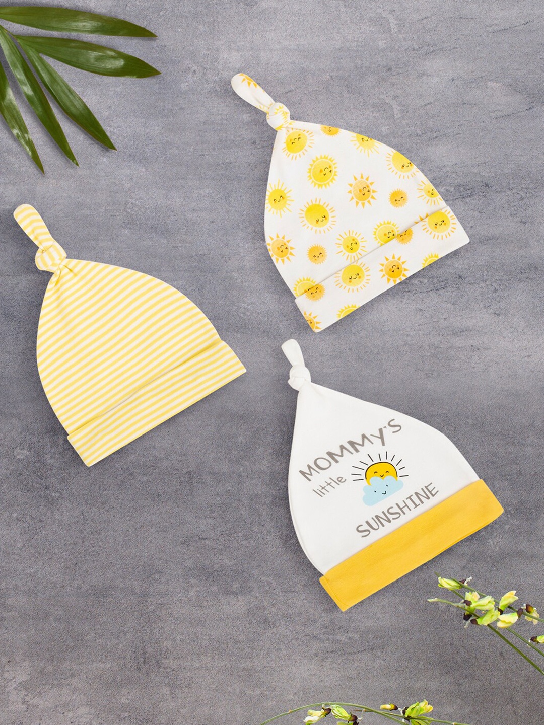 

Baby Moo Kids Pack of 3 Printed Cotton Beanie, Yellow