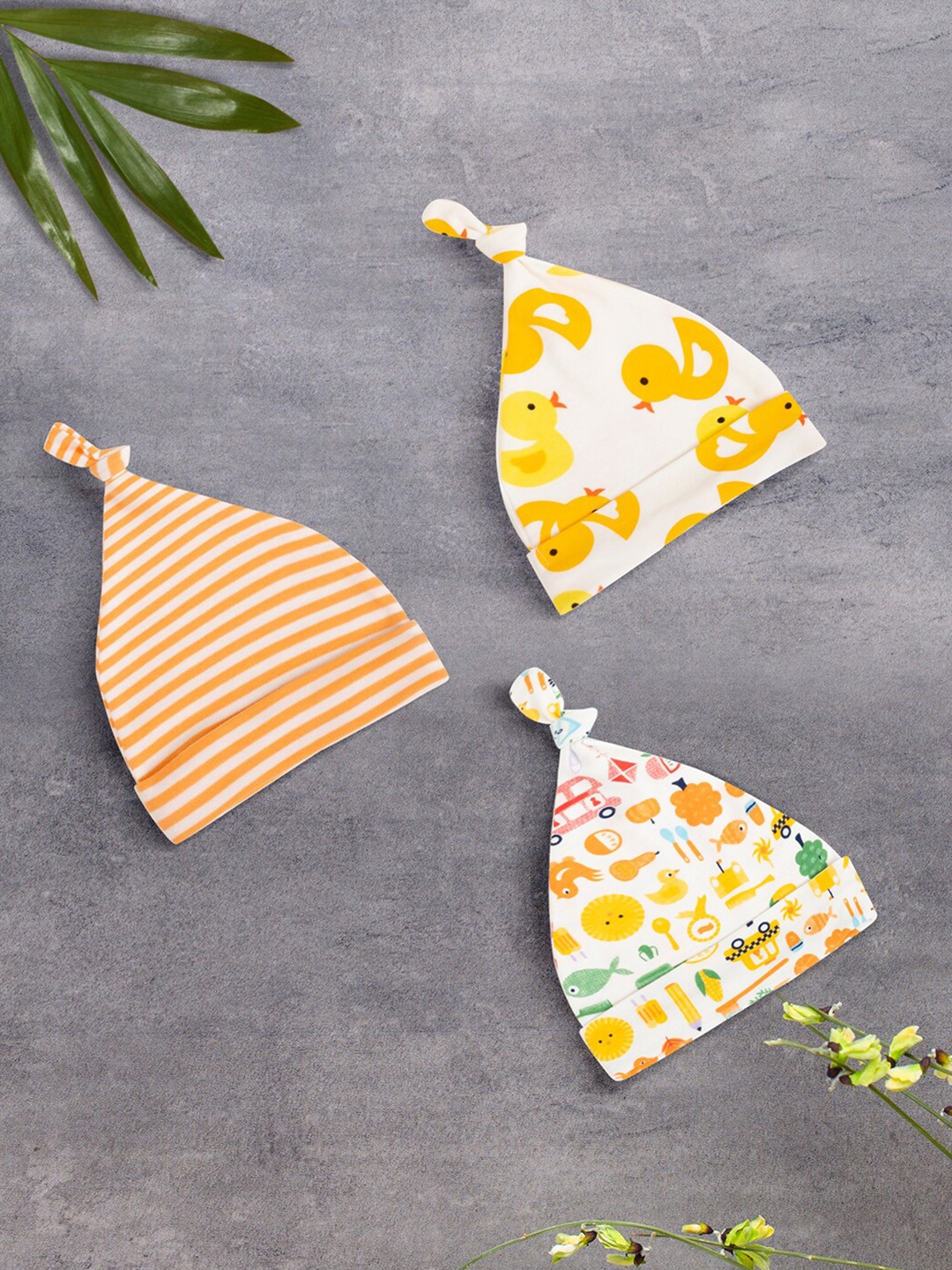 

Baby Moo Kids Pack of 3 Printed Cotton Beanie, Orange