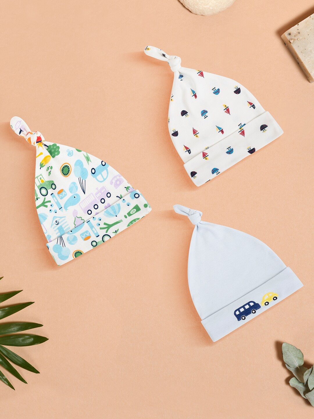 

Baby Moo Kids Pack of 3 Printed Cotton Beanie, Blue