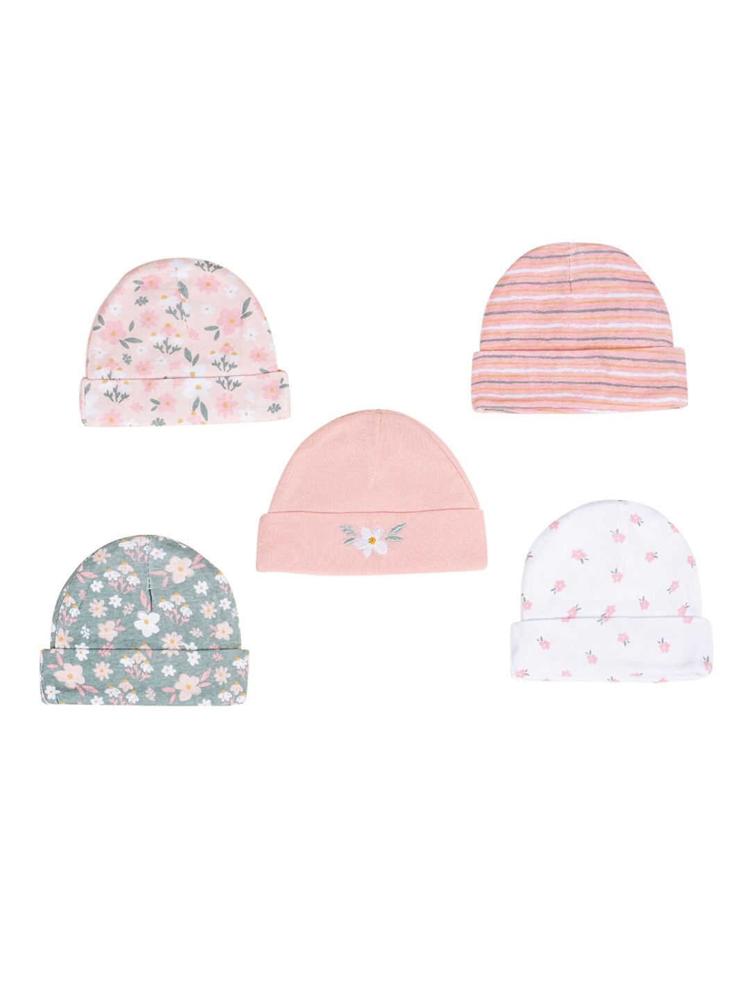 

Baby Moo Infant Girls Pack of 5 Printed Pure Cotton Beanie, Pink