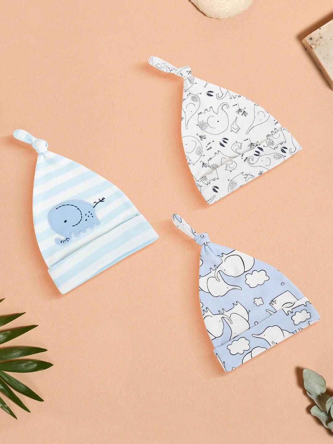 

Baby Moo Infant Pack of 3 Printed Pure Cotton Beanie, Blue