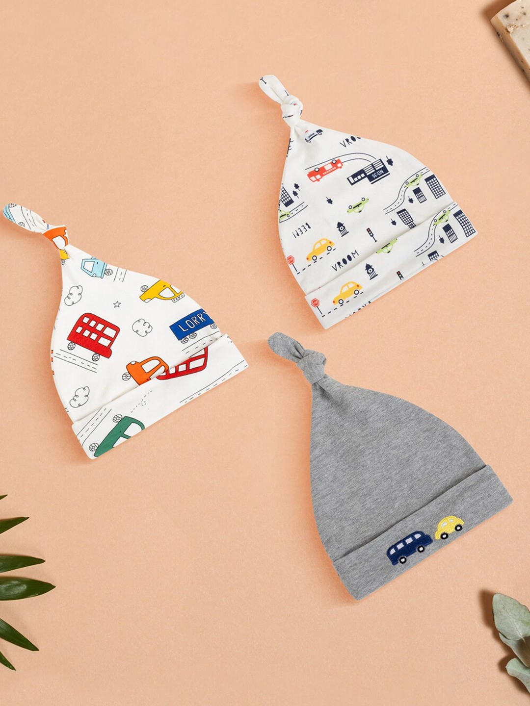 

Baby Moo Infant Pack of 3 Printed Pure Cotton Beanie, White